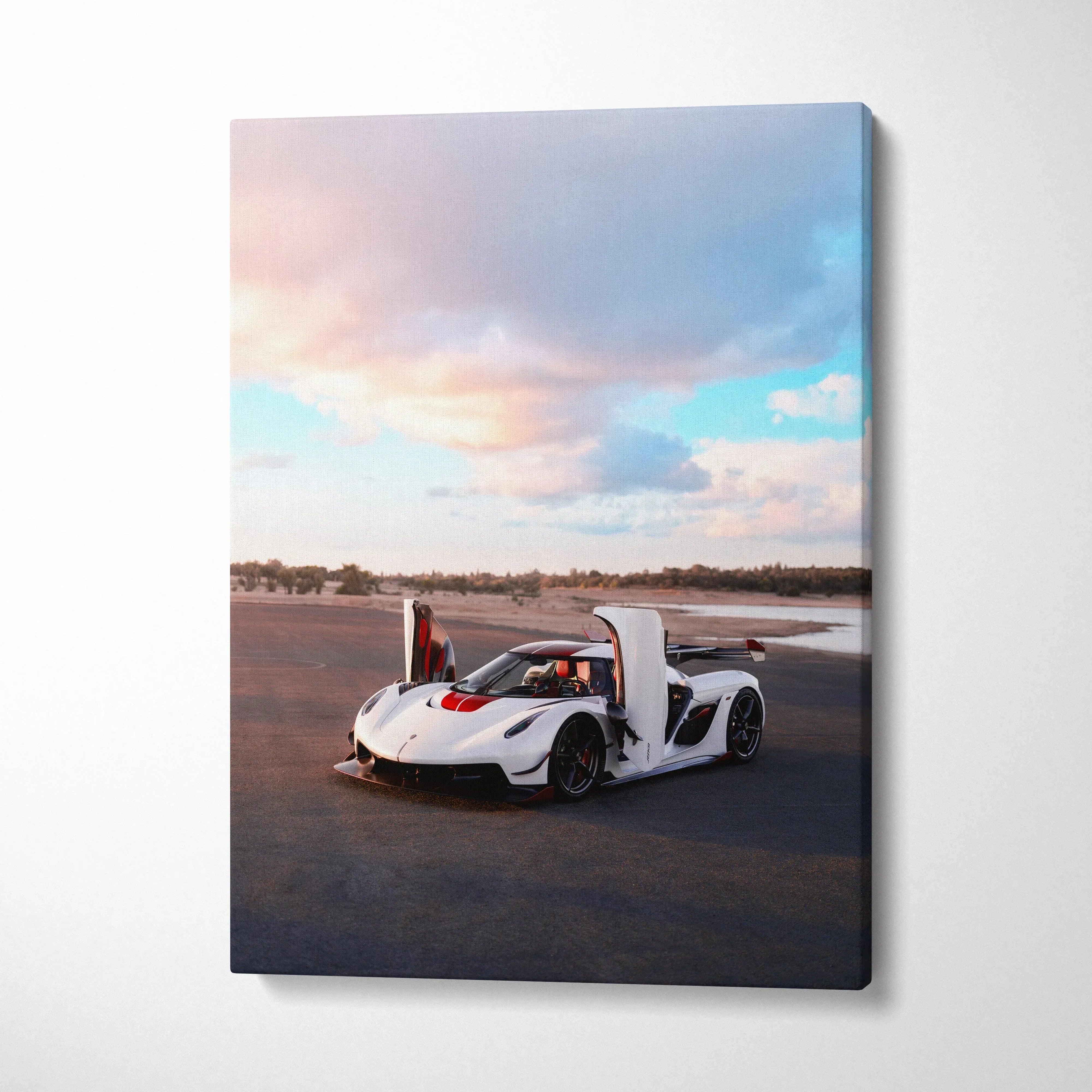 Koenigsegg Jesko white sports car with scissor doors open on canvas wall art.