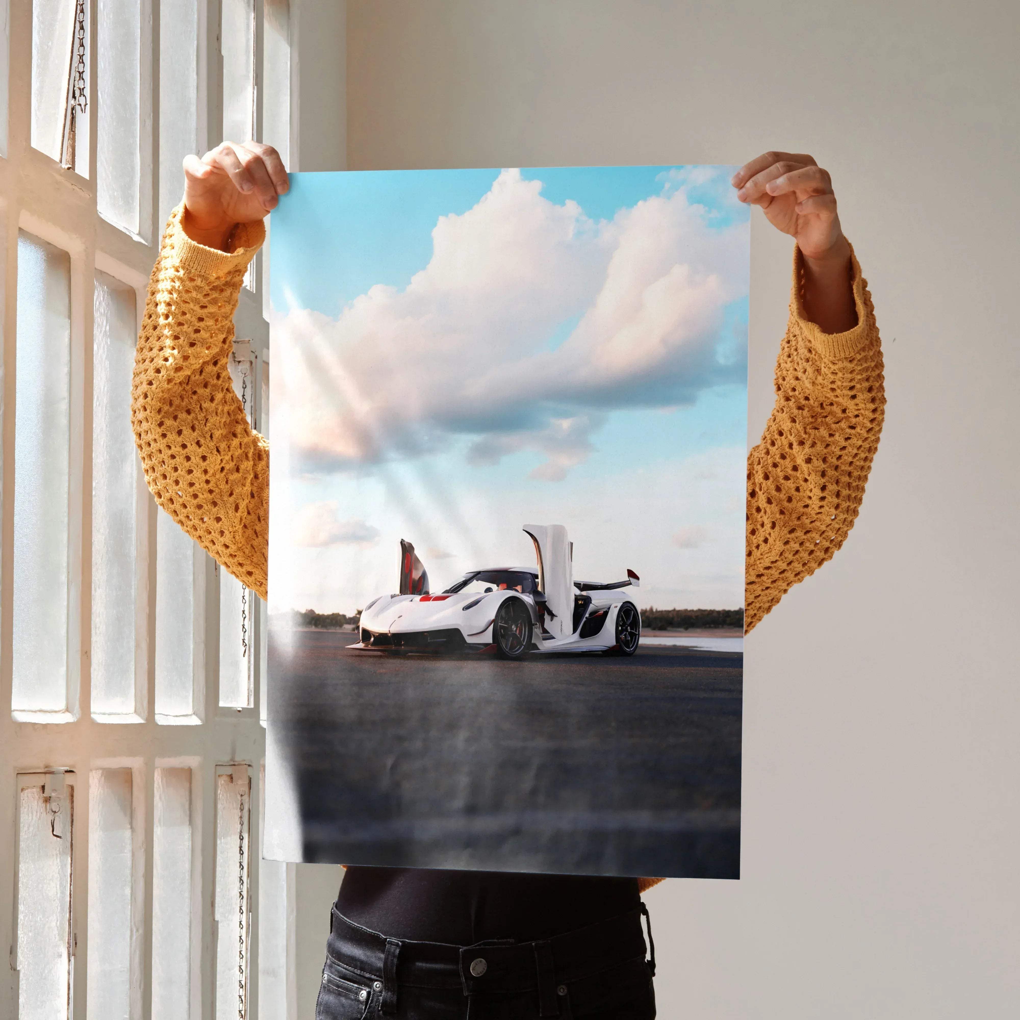 White Koenigsegg Jesko hypercar poster with open gull-wing doors high resolution print for car enthusiasts