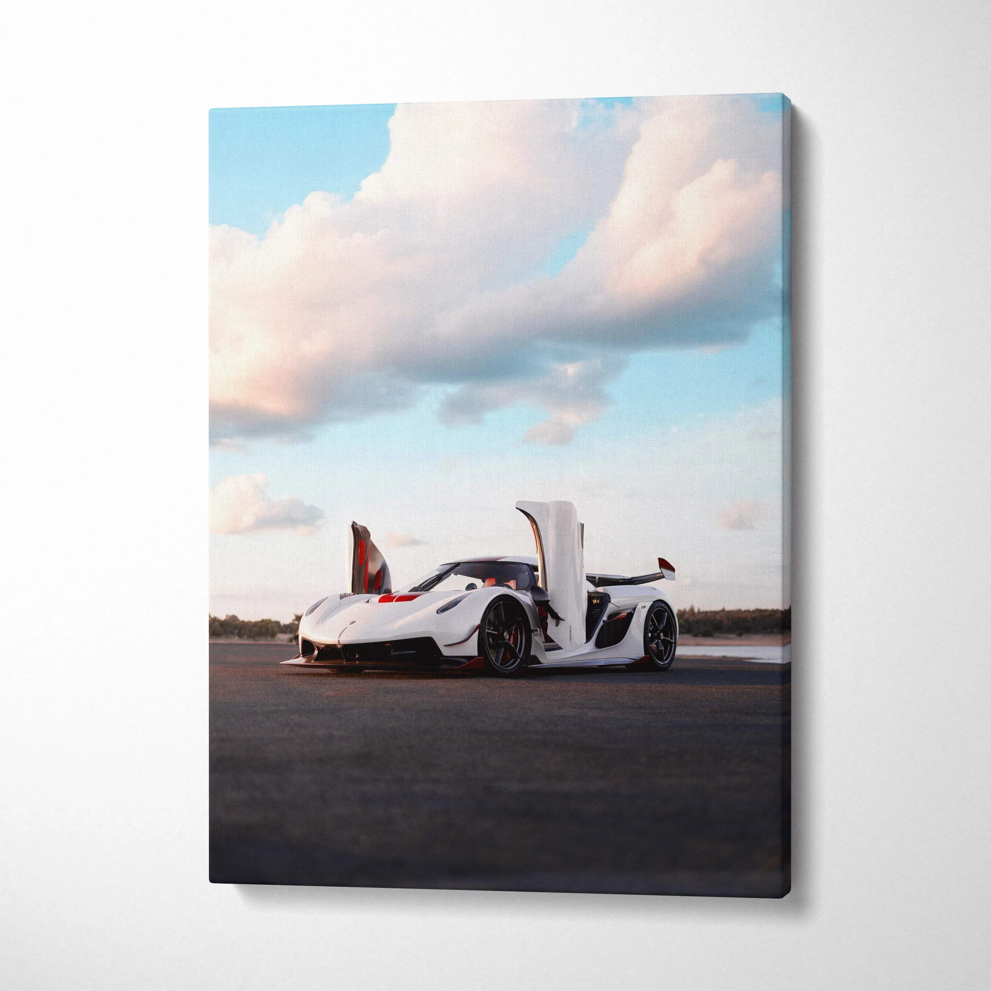 Vertical Koenigsegg Jesko canvas art with white sports car and open doors against sky background.