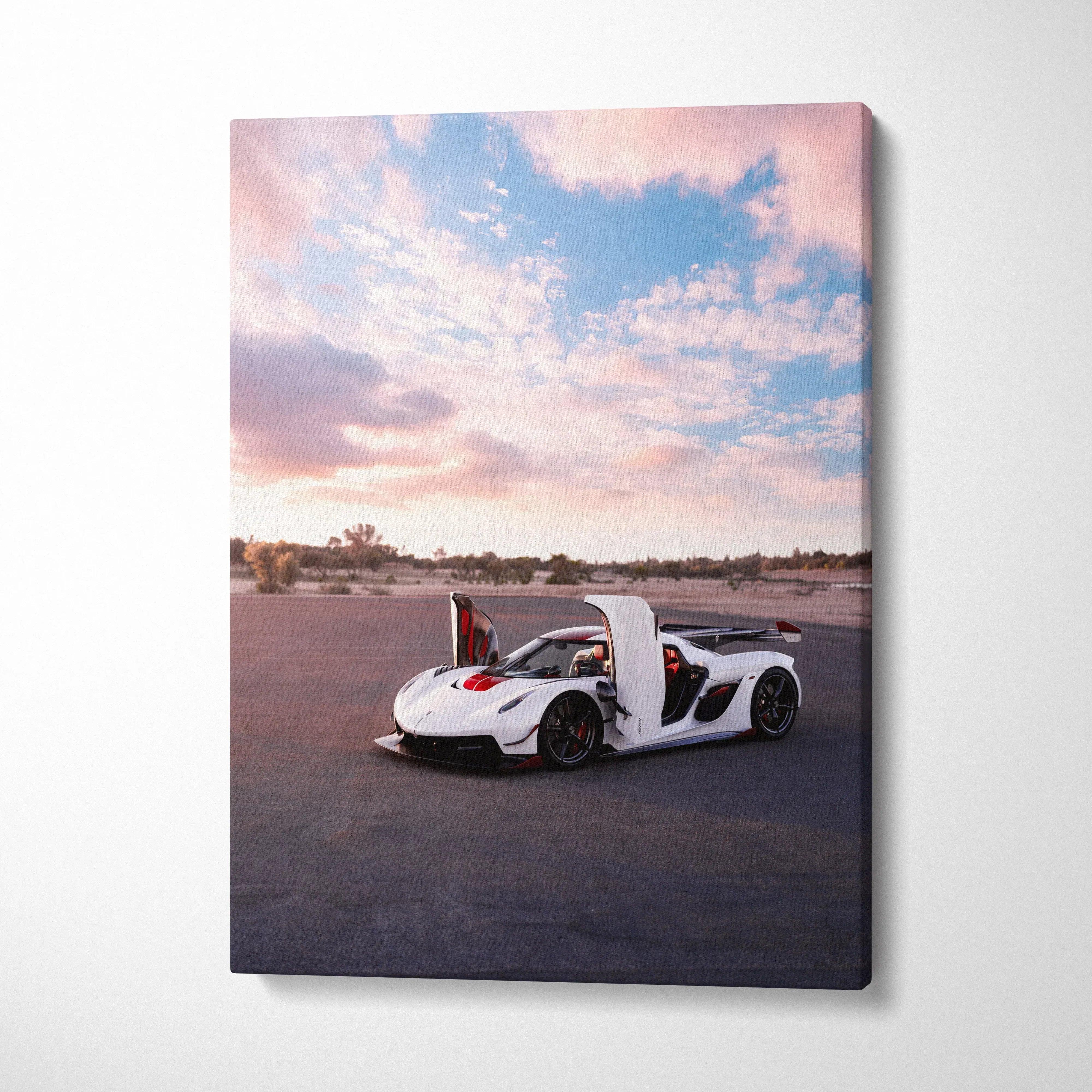 Koenigsegg Jesko white hypercar with butterfly doors open against sunset sky canvas wall art.