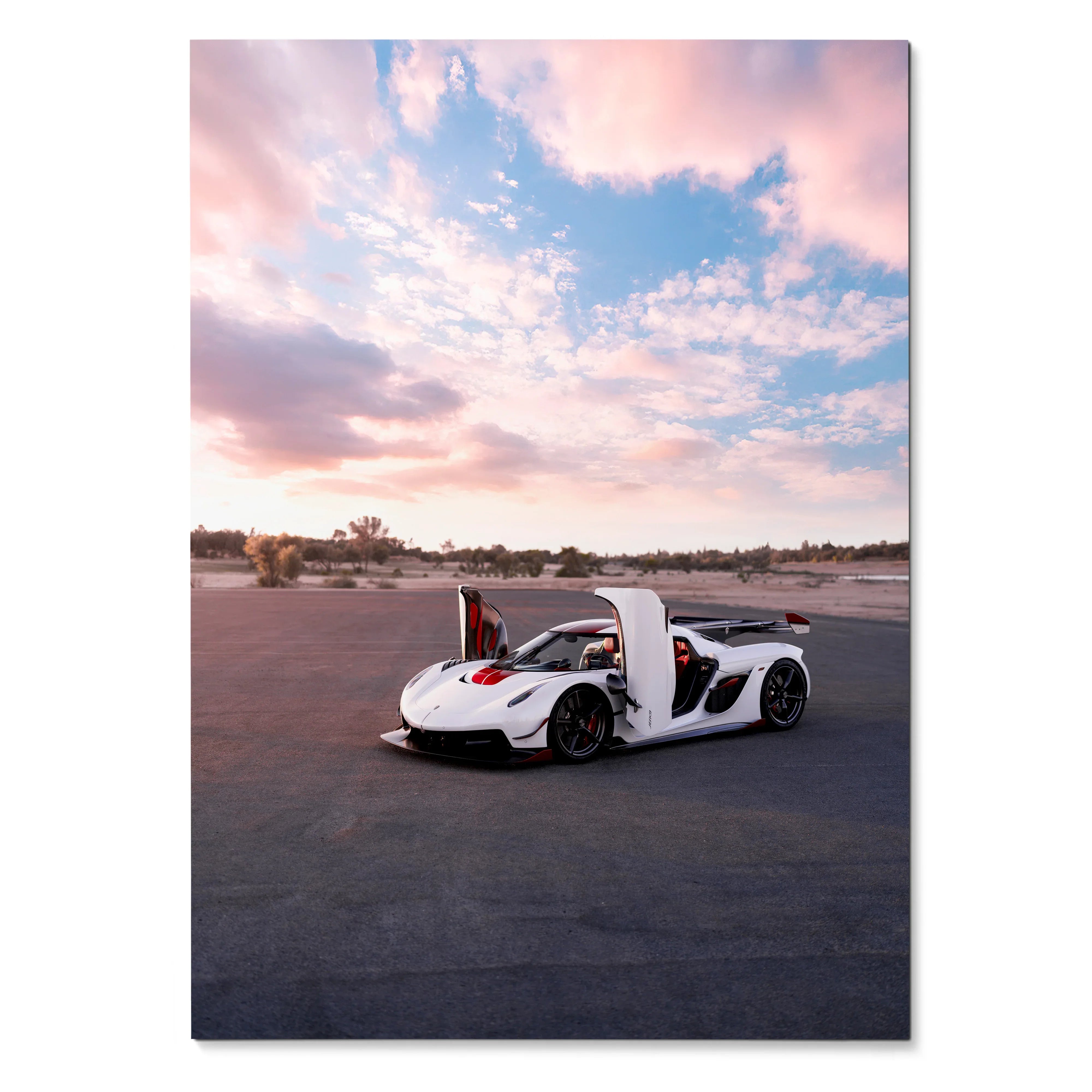 Koenigsegg Jesko white sports car with doors open on desert road under pink and blue sky poster wall art.