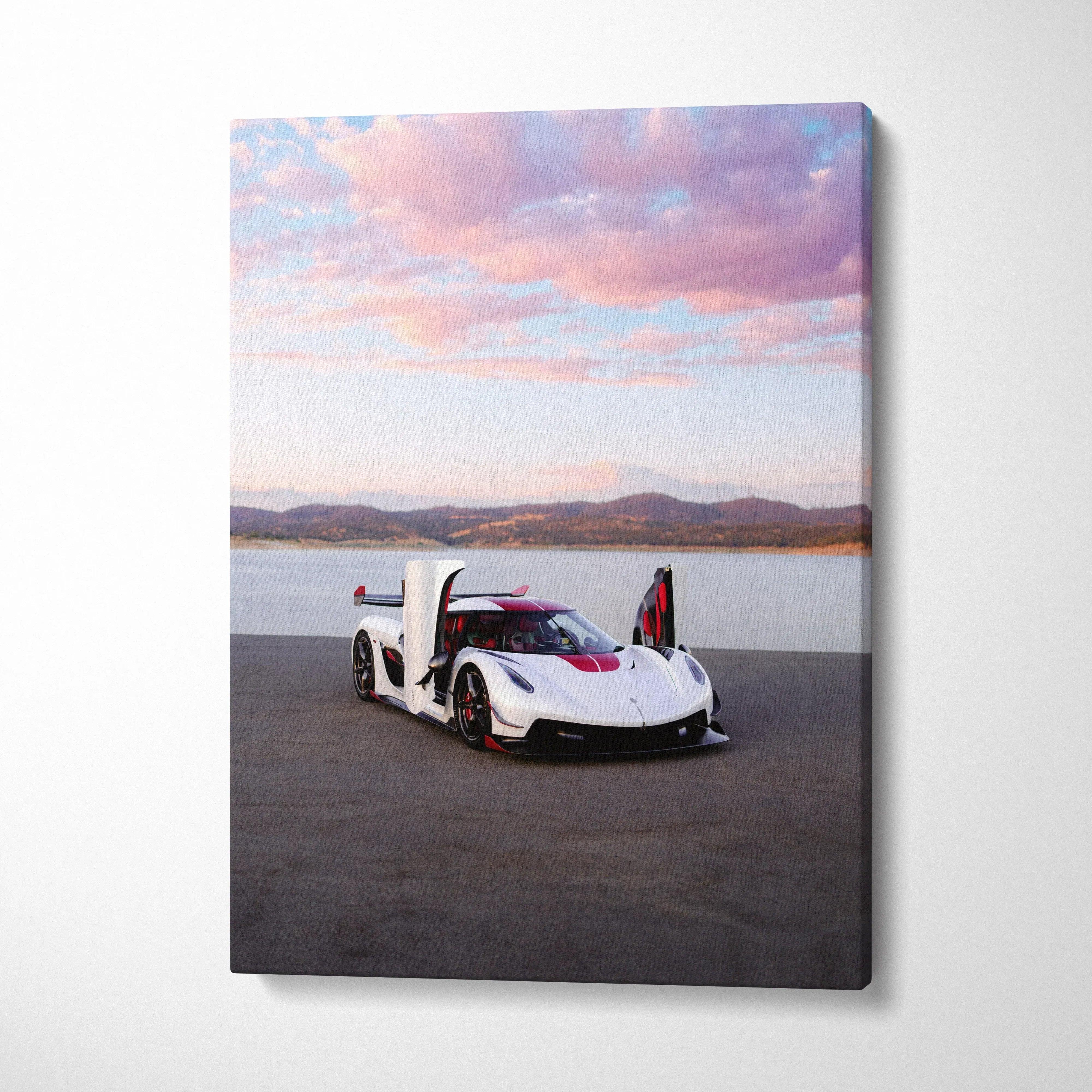 Koenigsegg Jesko in white with open doors by lakeside at sunset horizontal canvas wall art.