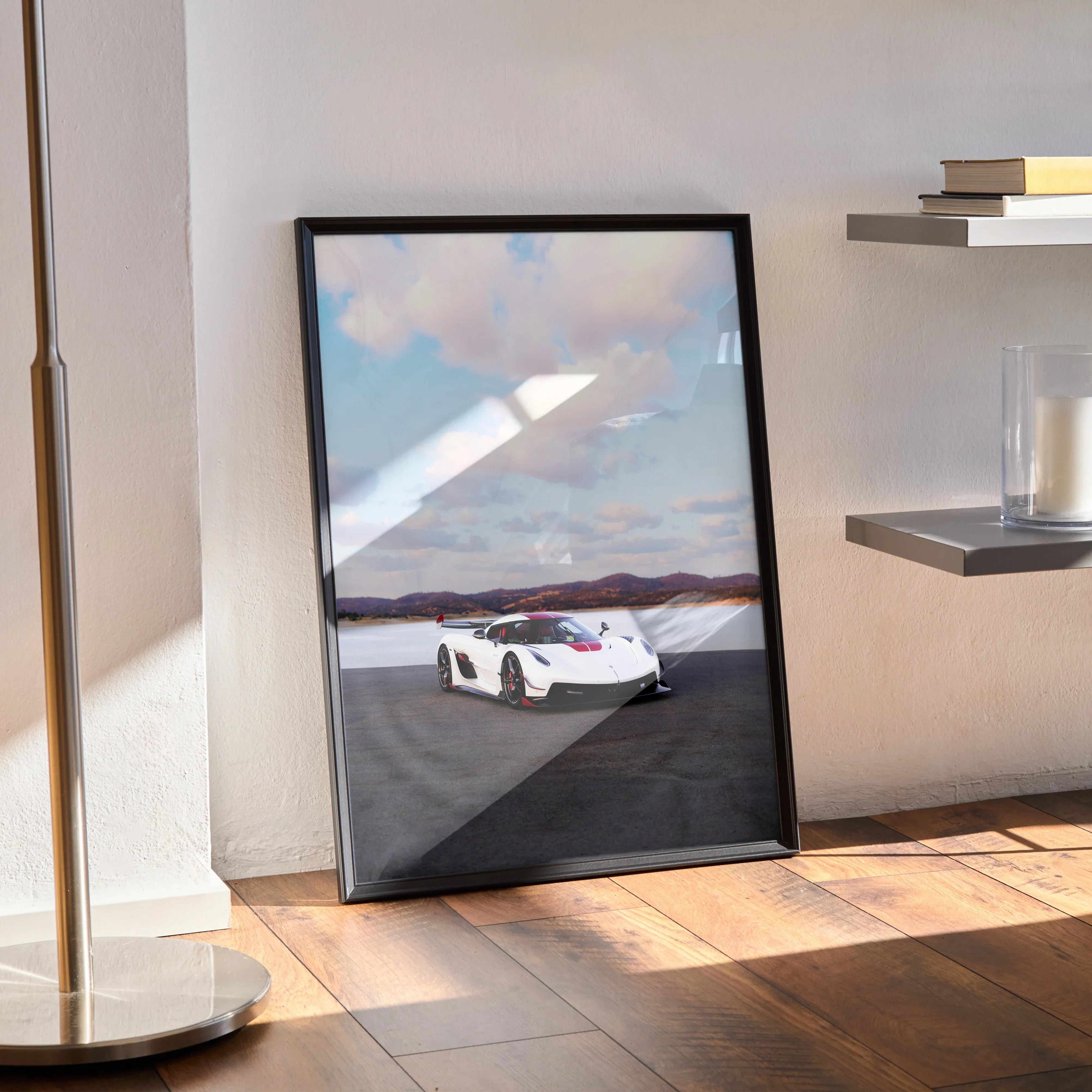 Koenigsegg Jesko white sports car on racetrack poster wall art with scenic sky backdrop.