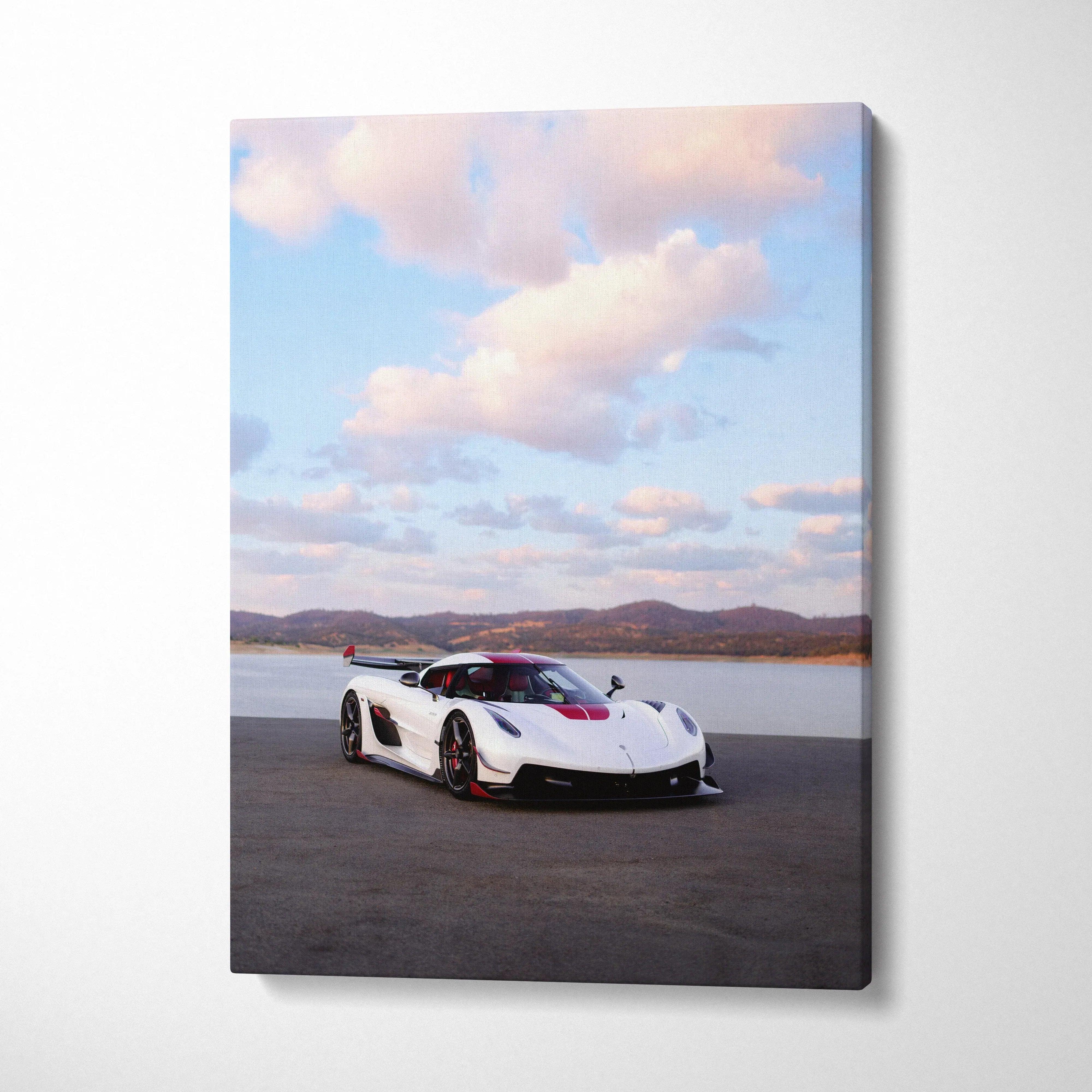 Koenigsegg Jesko white hypercar on road with dramatic sky canvas wall art.