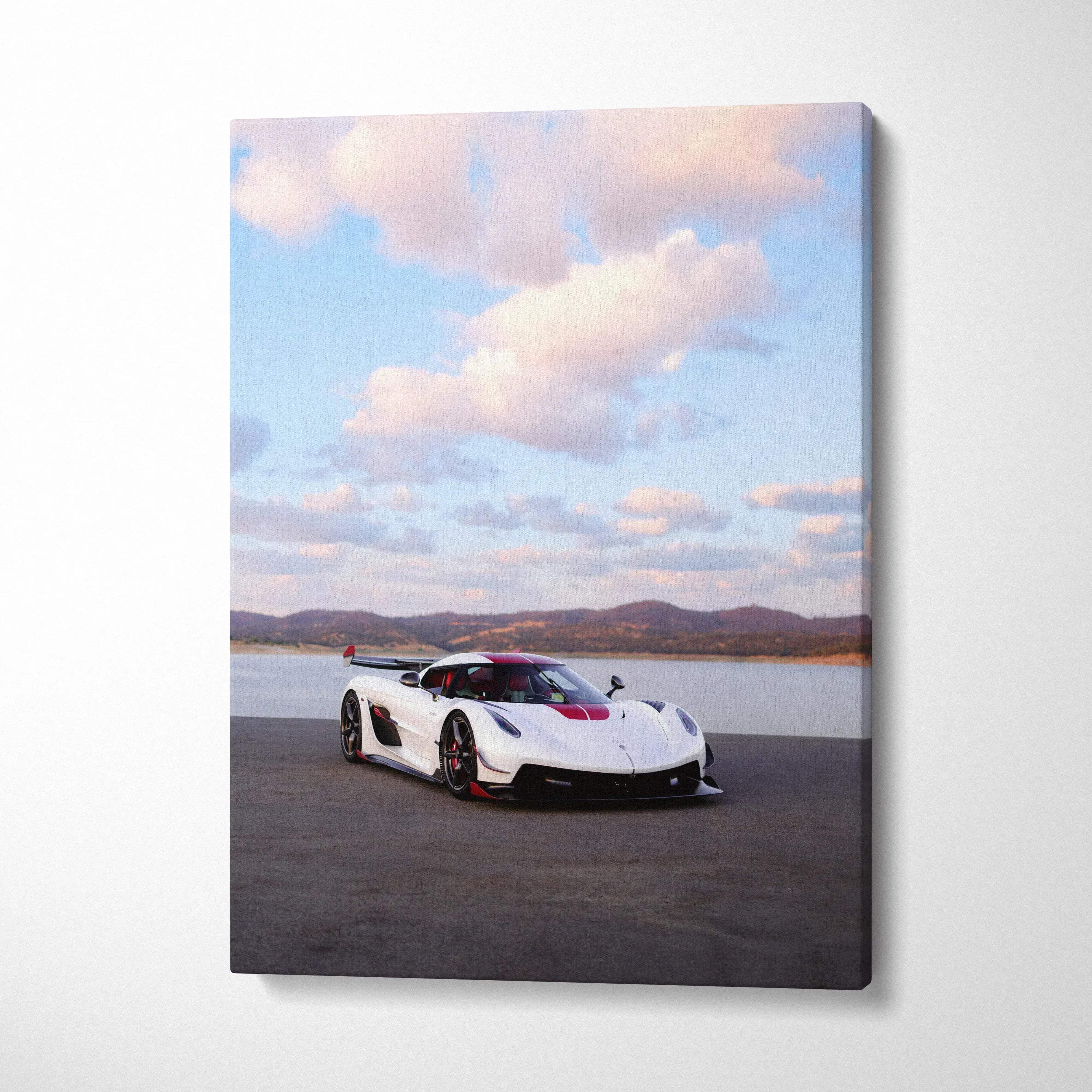 Koenigsegg Jesko white hypercar on road with dramatic sky canvas wall art.