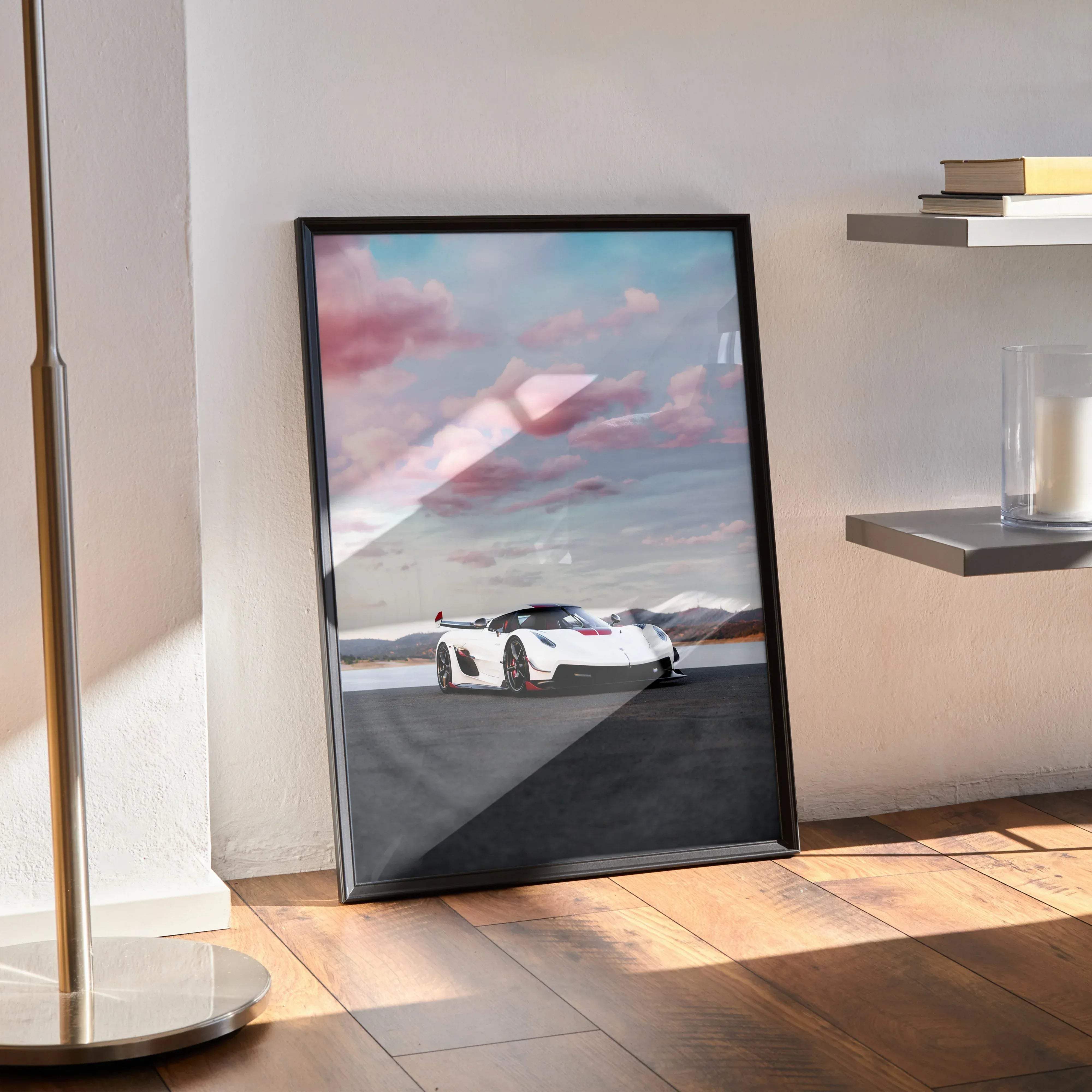 Black-framed koenigsegg jesko high resolution car poster featuring a white sports car with red accents under a pink and blue sky