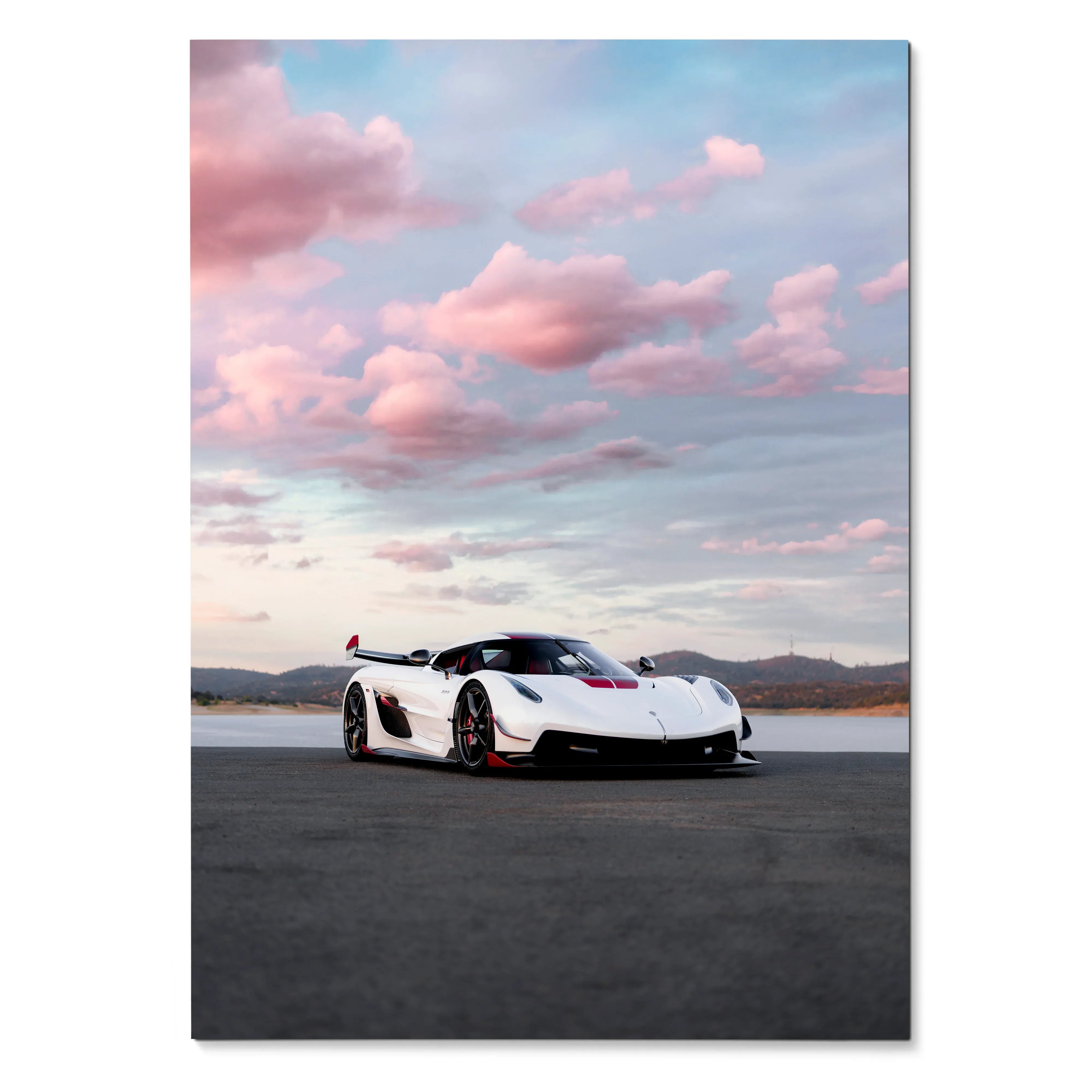 Koenigsegg Jesko white sports car on asphalt under pink cloud sky poster wall art.