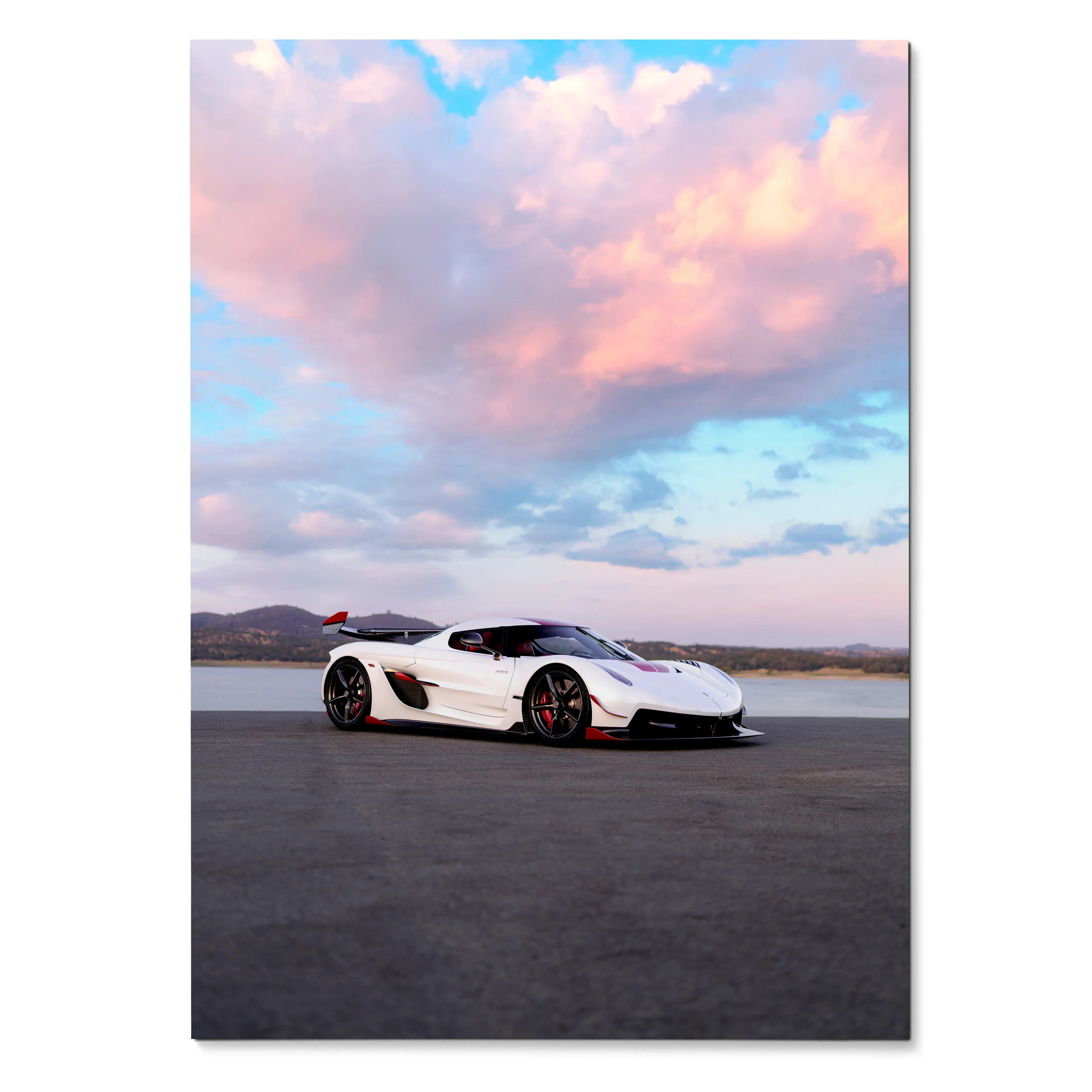 Koenigsegg Jesko white sports car under pink and blue sky poster wall art.