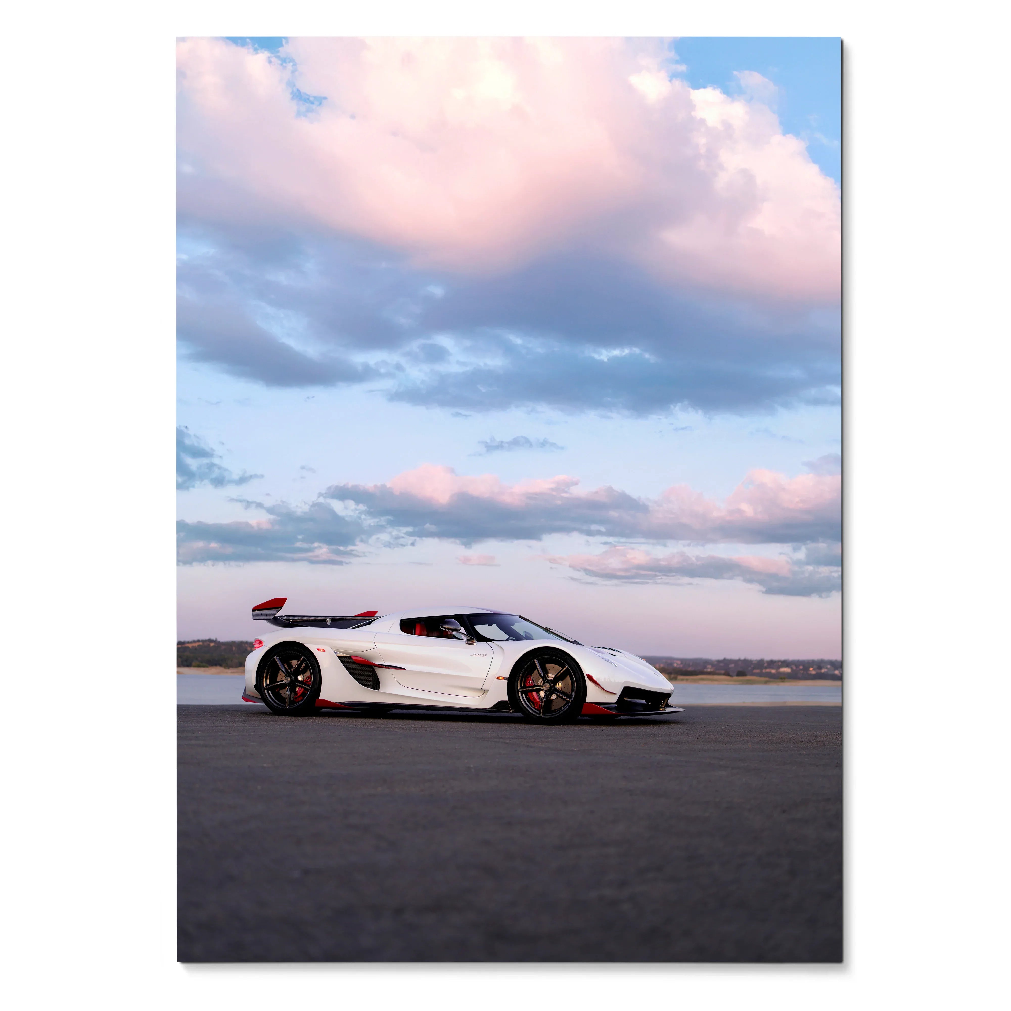 Koenigsegg Jesko white sports car parked under pink and blue cloudy sky poster wall art.