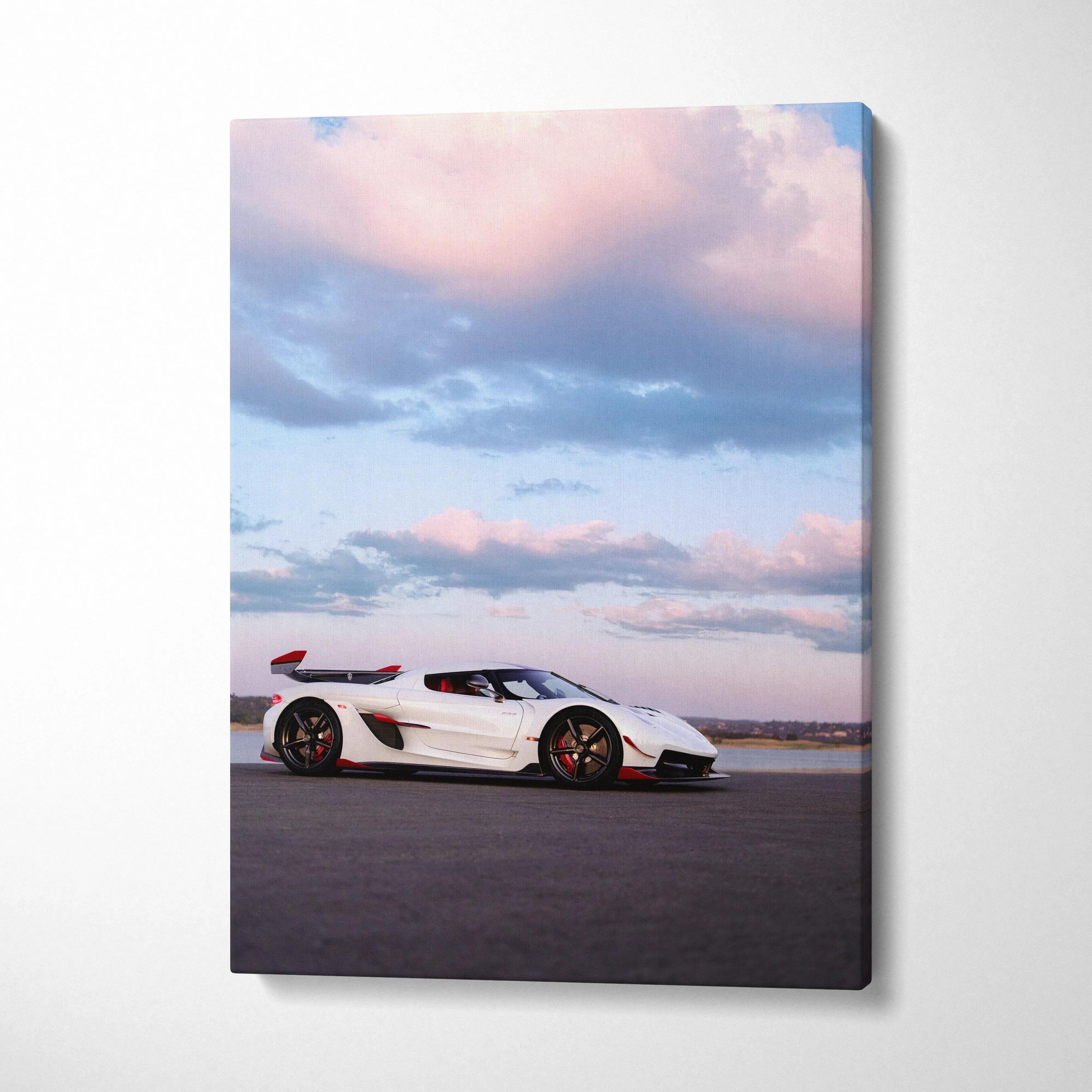 White Koenigsegg Jesko sports car under pink and blue sky on vertical canvas wall art.