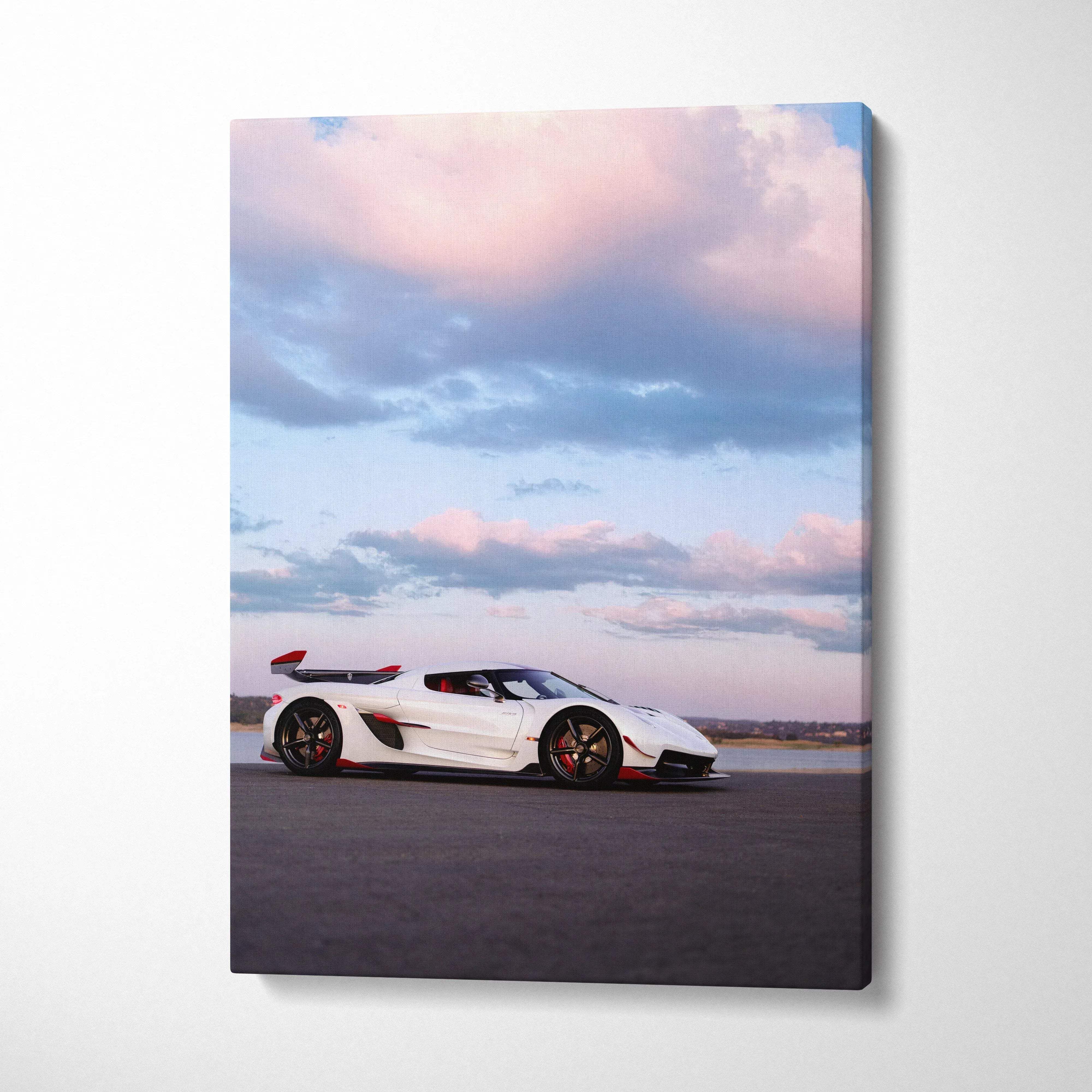 White Koenigsegg Jesko sports car under pink and blue sky on vertical canvas wall art.