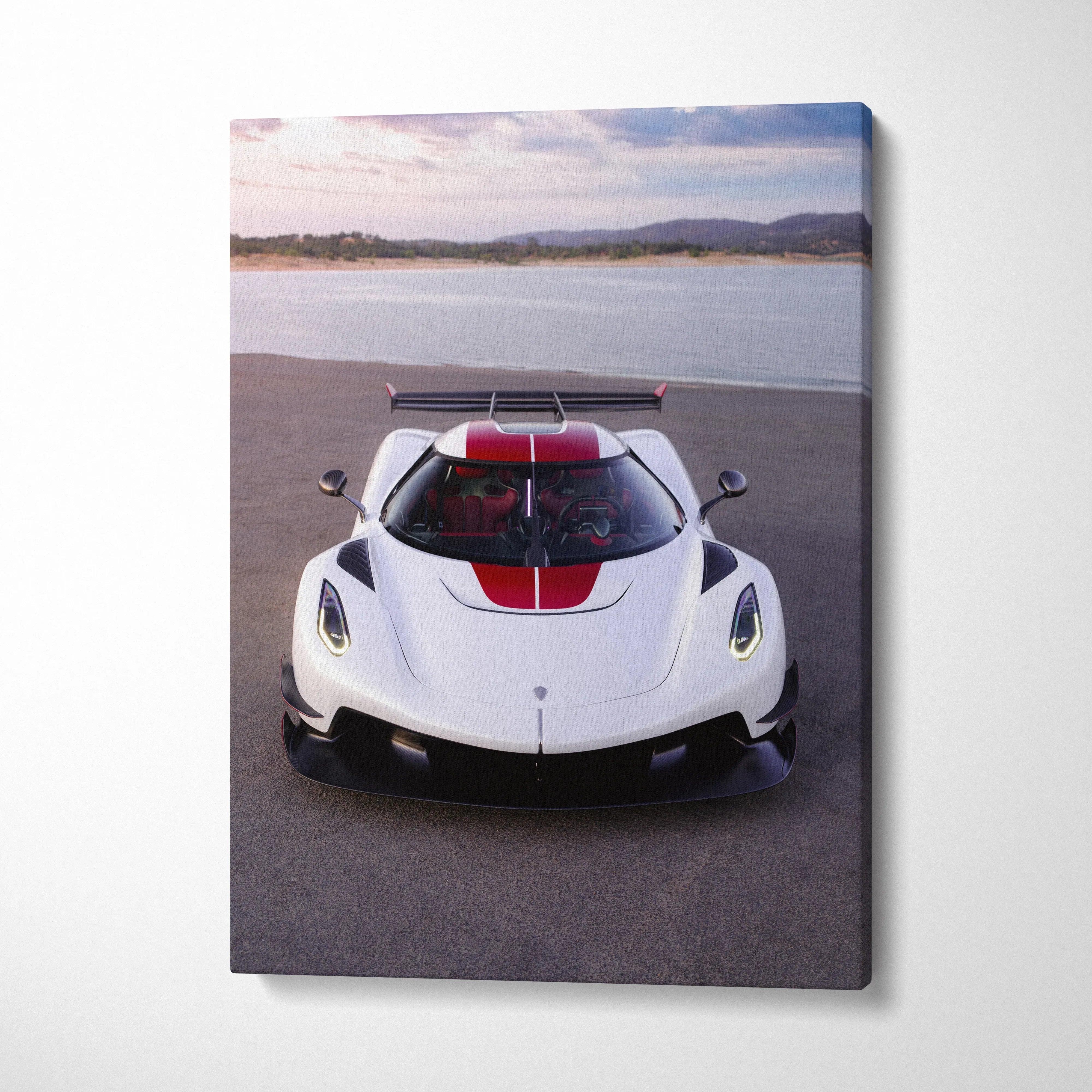 Koenigsegg Jesko white and red sports car canvas wall art vertical canvas print.