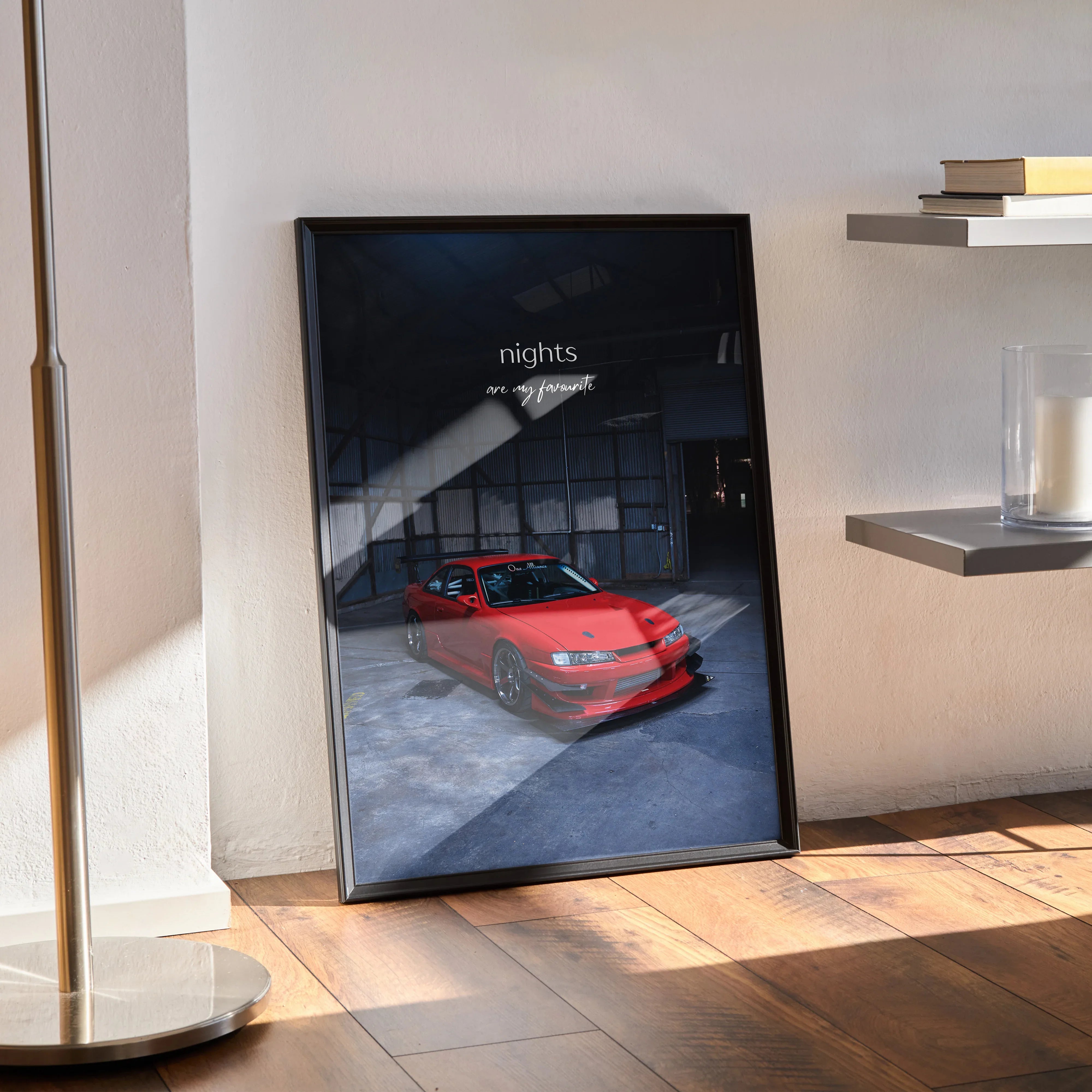 Motivational poster wall art featuring red Nissan 240sx S14 Kouki in dark garage setting.