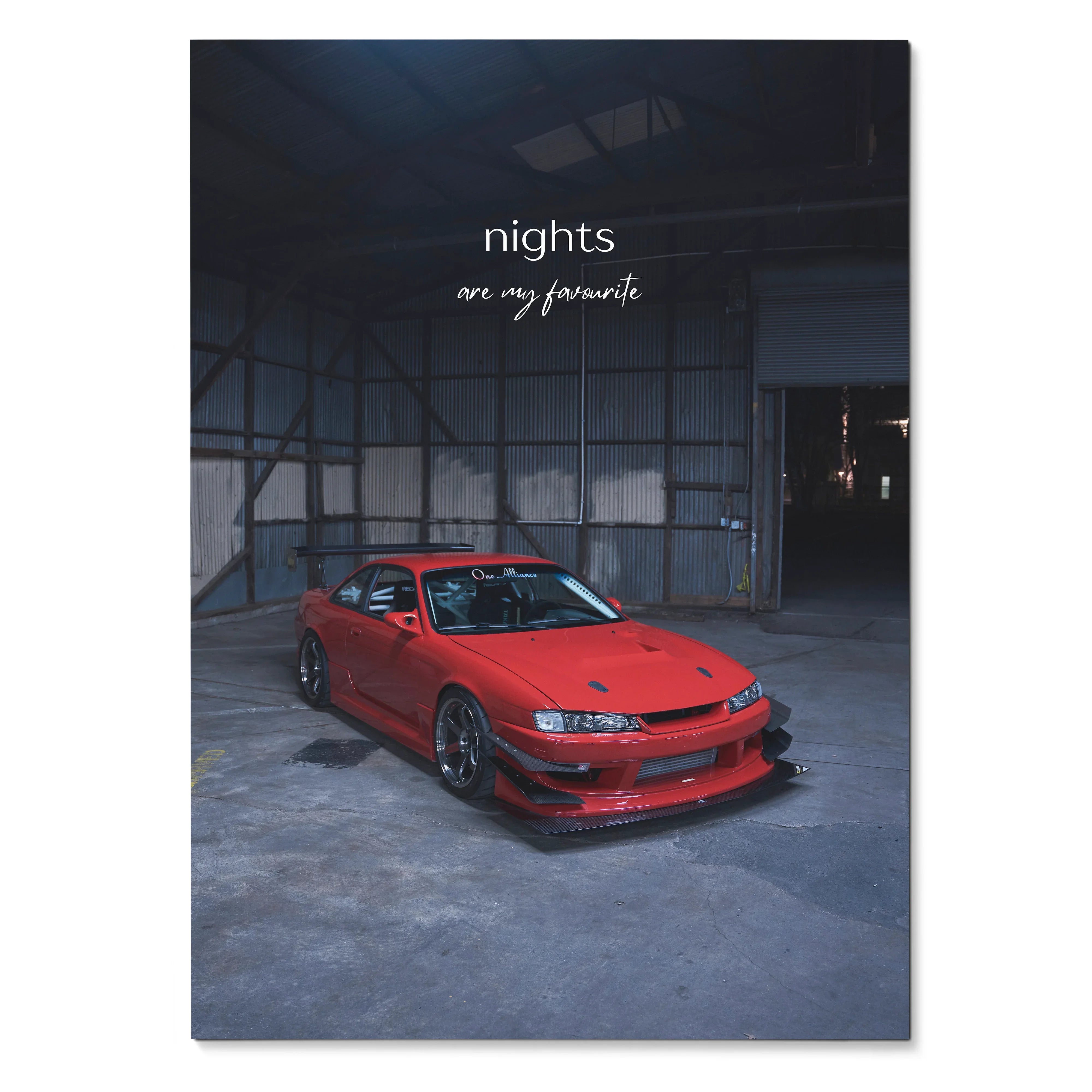 Red Nissan 240sx S14 Kouki parked inside dim industrial warehouse poster wall art with inspiring text.