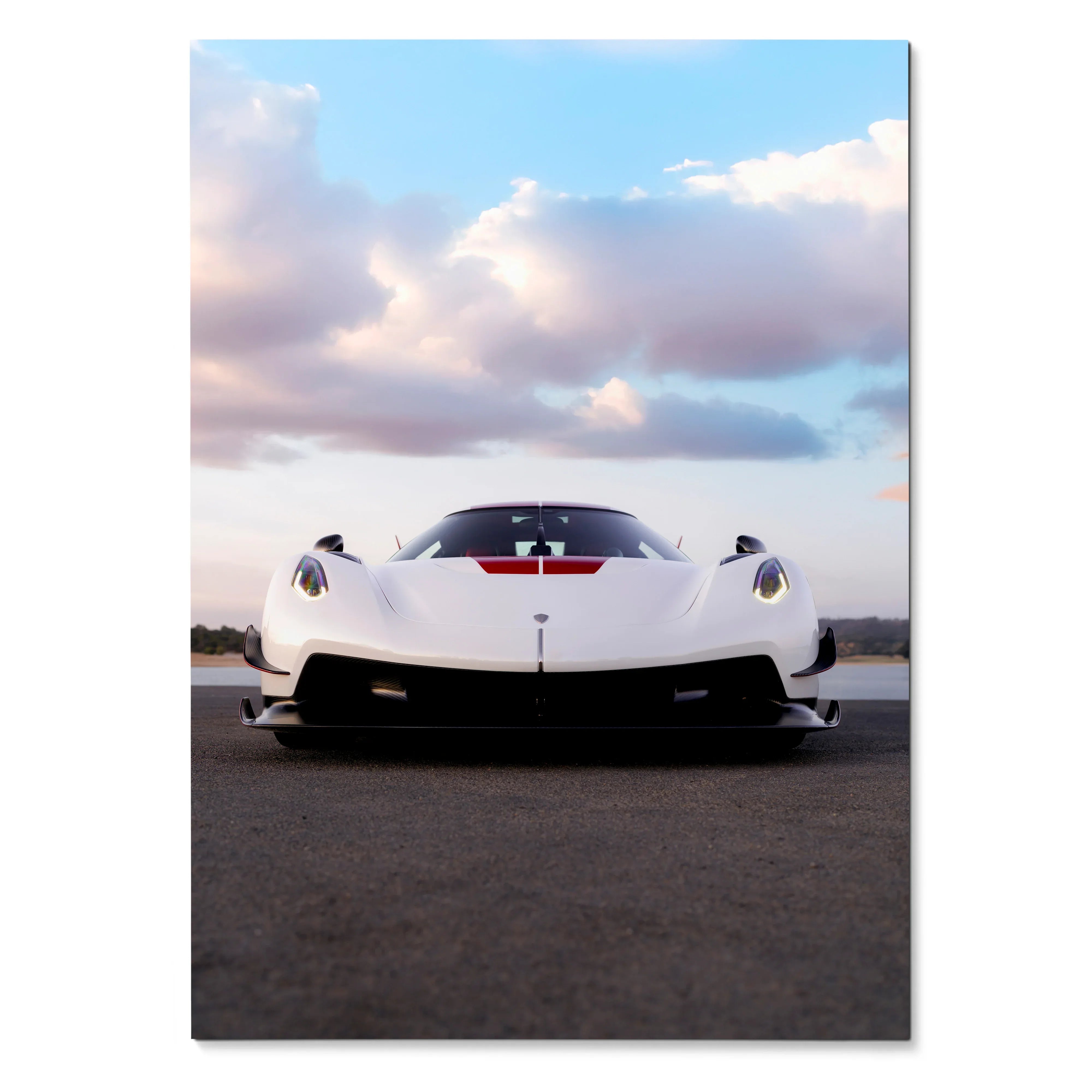 Koenigsegg Jesko white sports car poster with dramatic cloudy sky wall art.