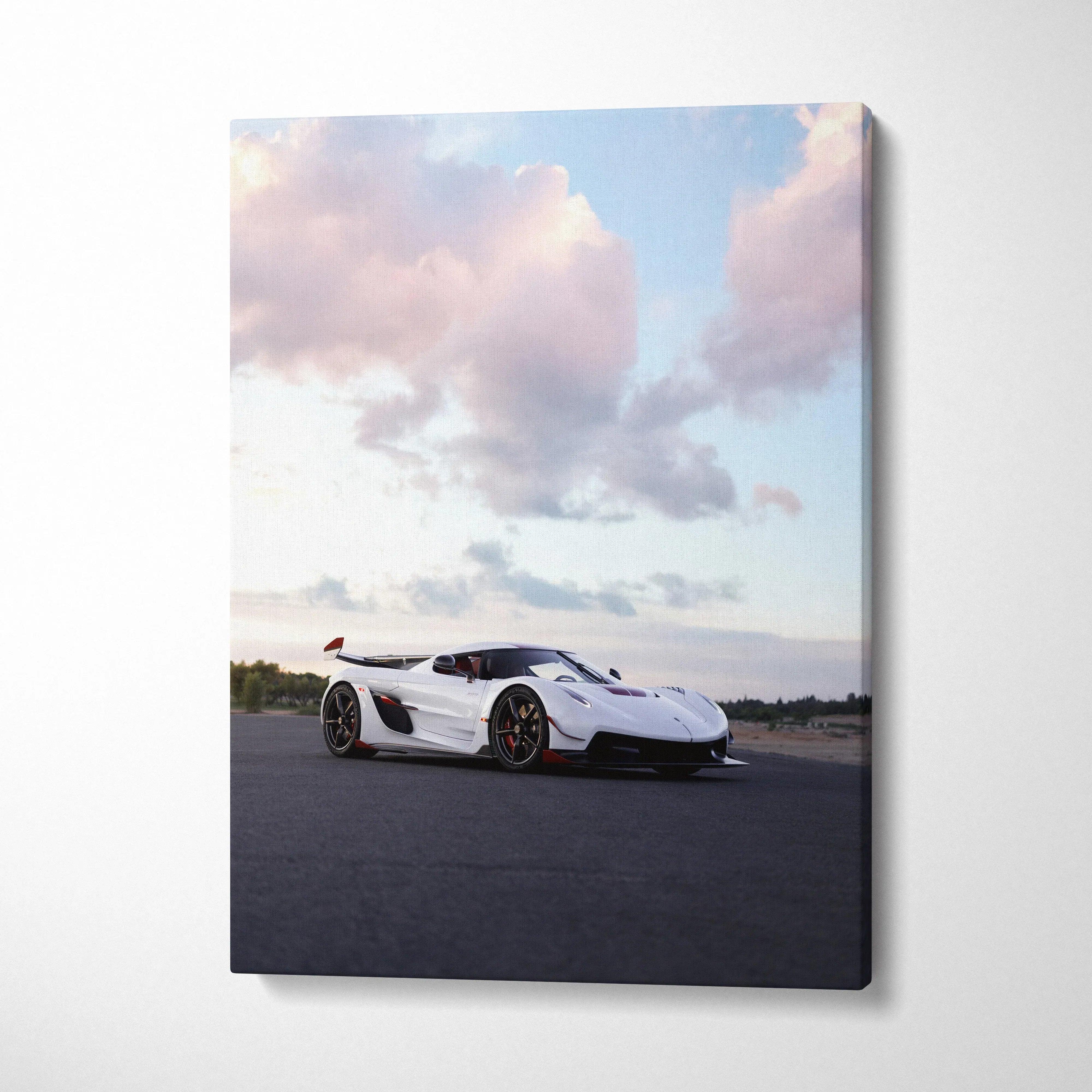 Koenigsegg Jesko sports car on asphalt under a pastel sky canvas wall art.