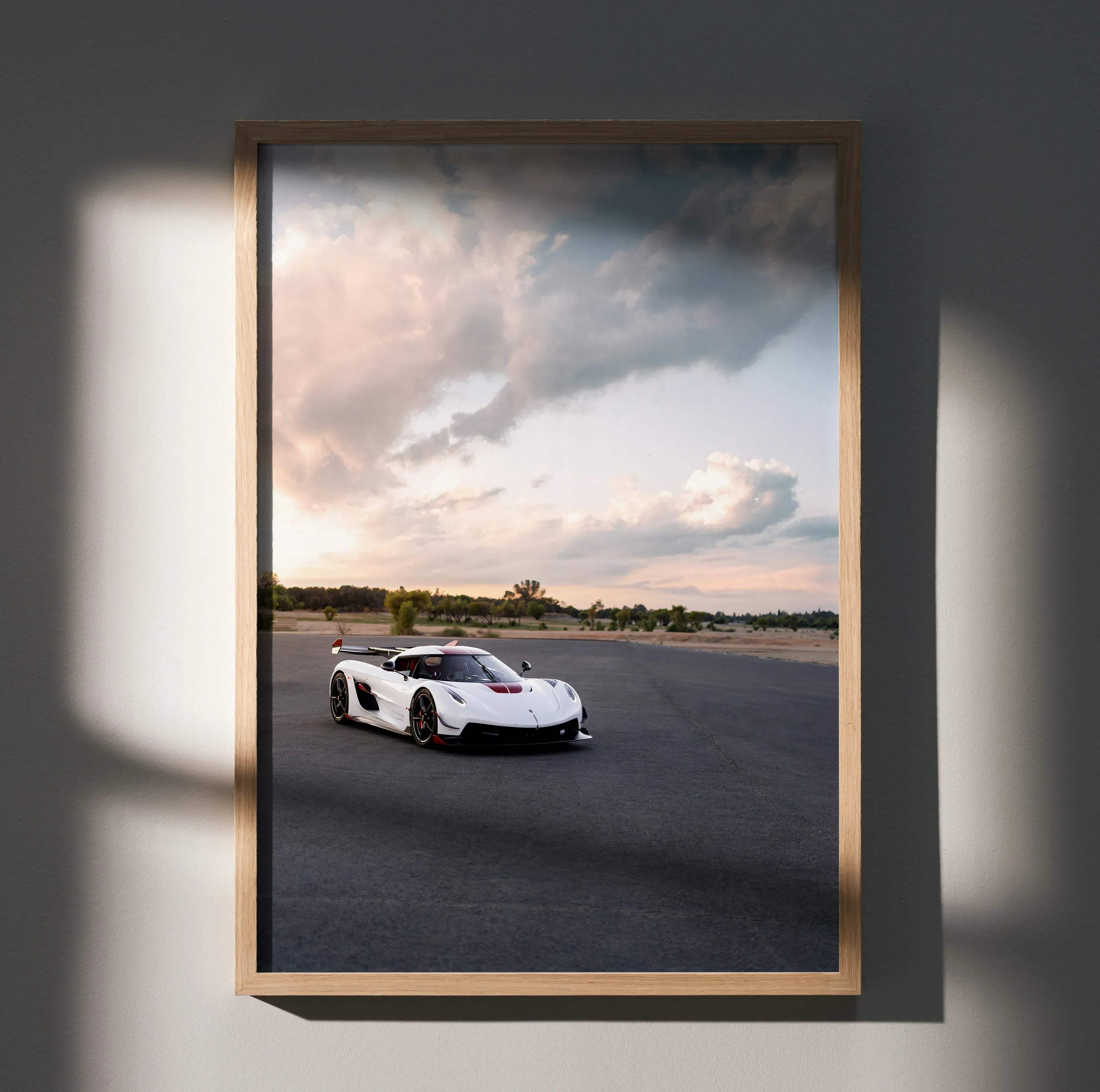 White and red Koenigsegg Jesko hypercar poster in a light wood frame high resolution car poster 020