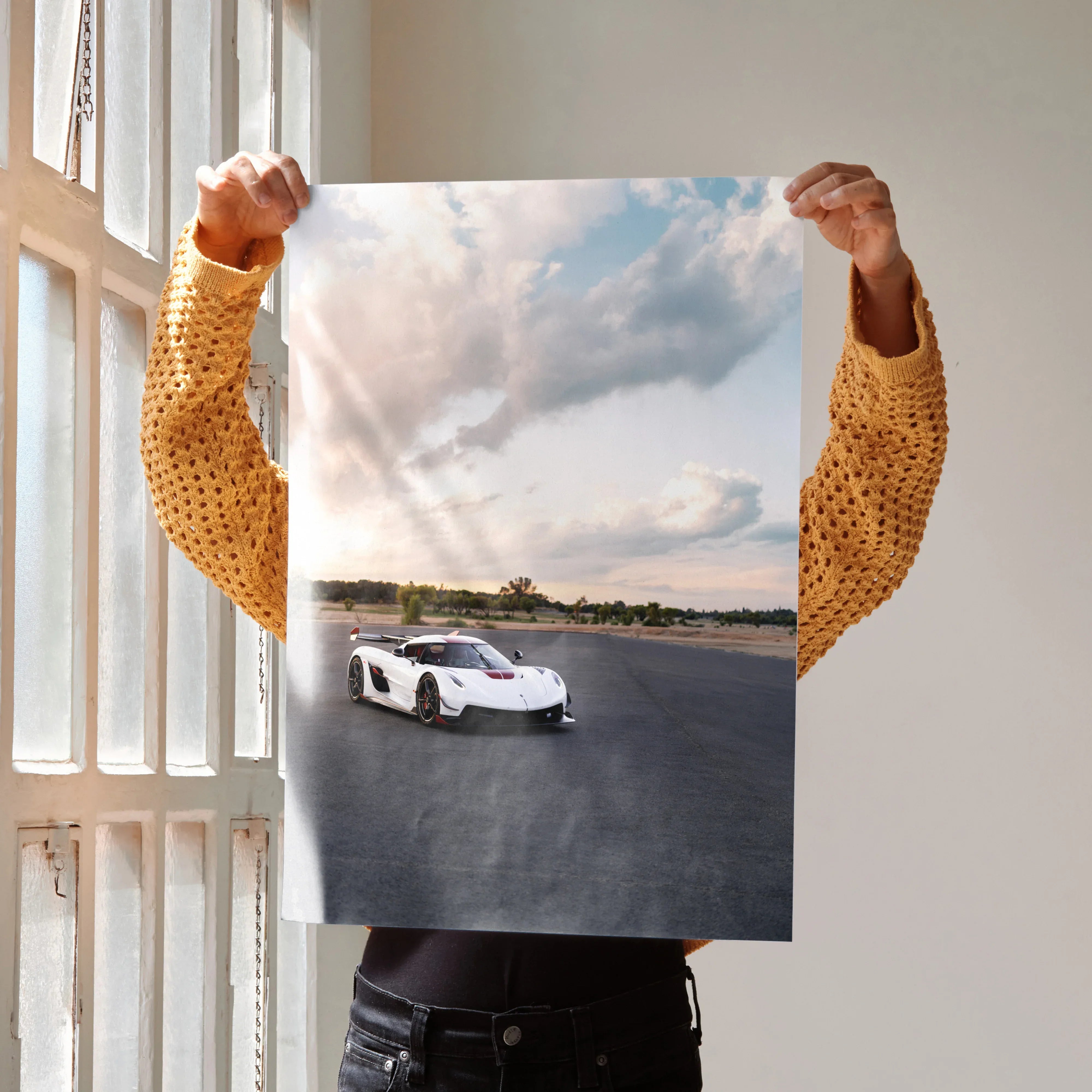 Koenigsegg Jesko car poster with white sports car on racetrack under blue sky wall art.