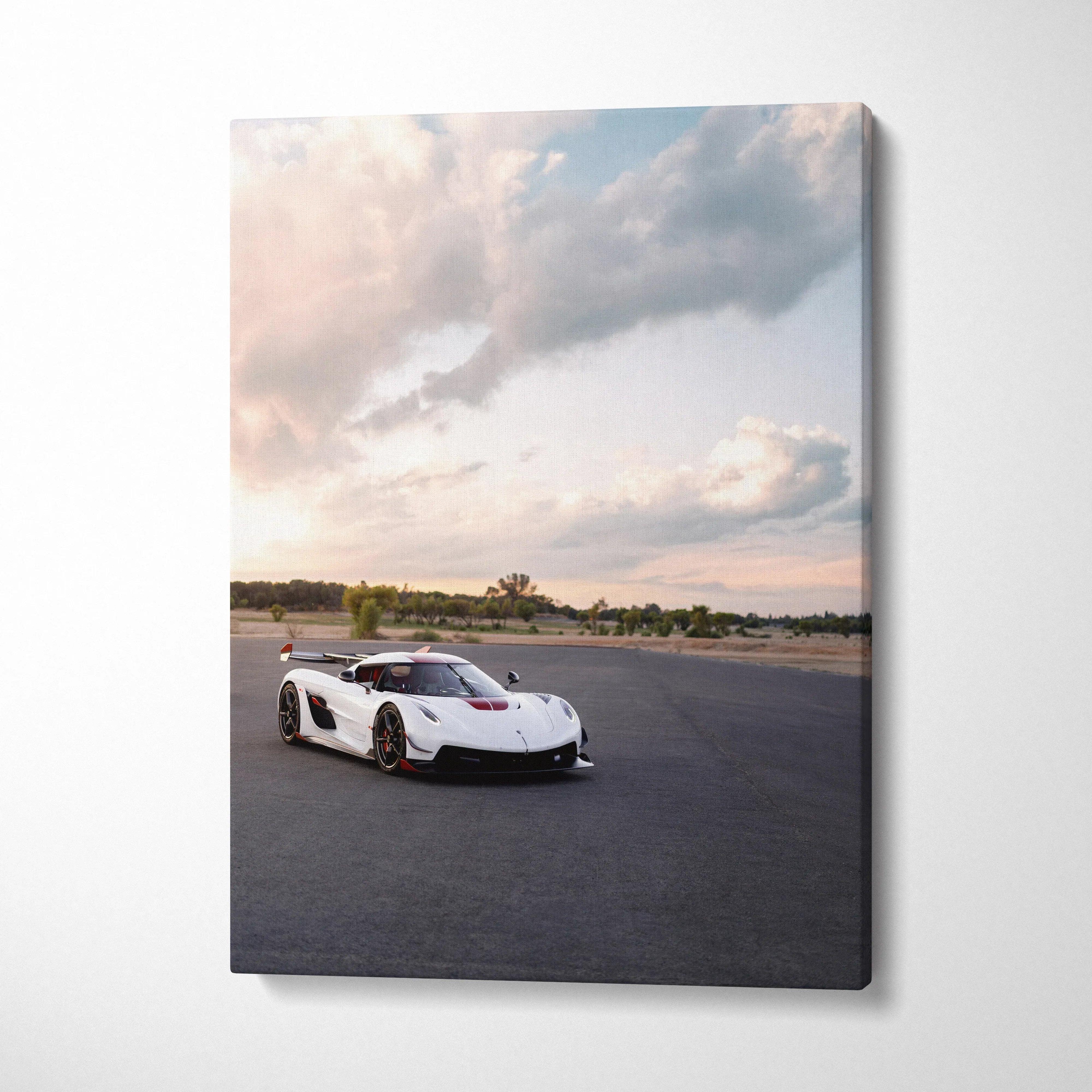 Koenigsegg Jesko white sports car on asphalt under cloudy sky canvas wall art.