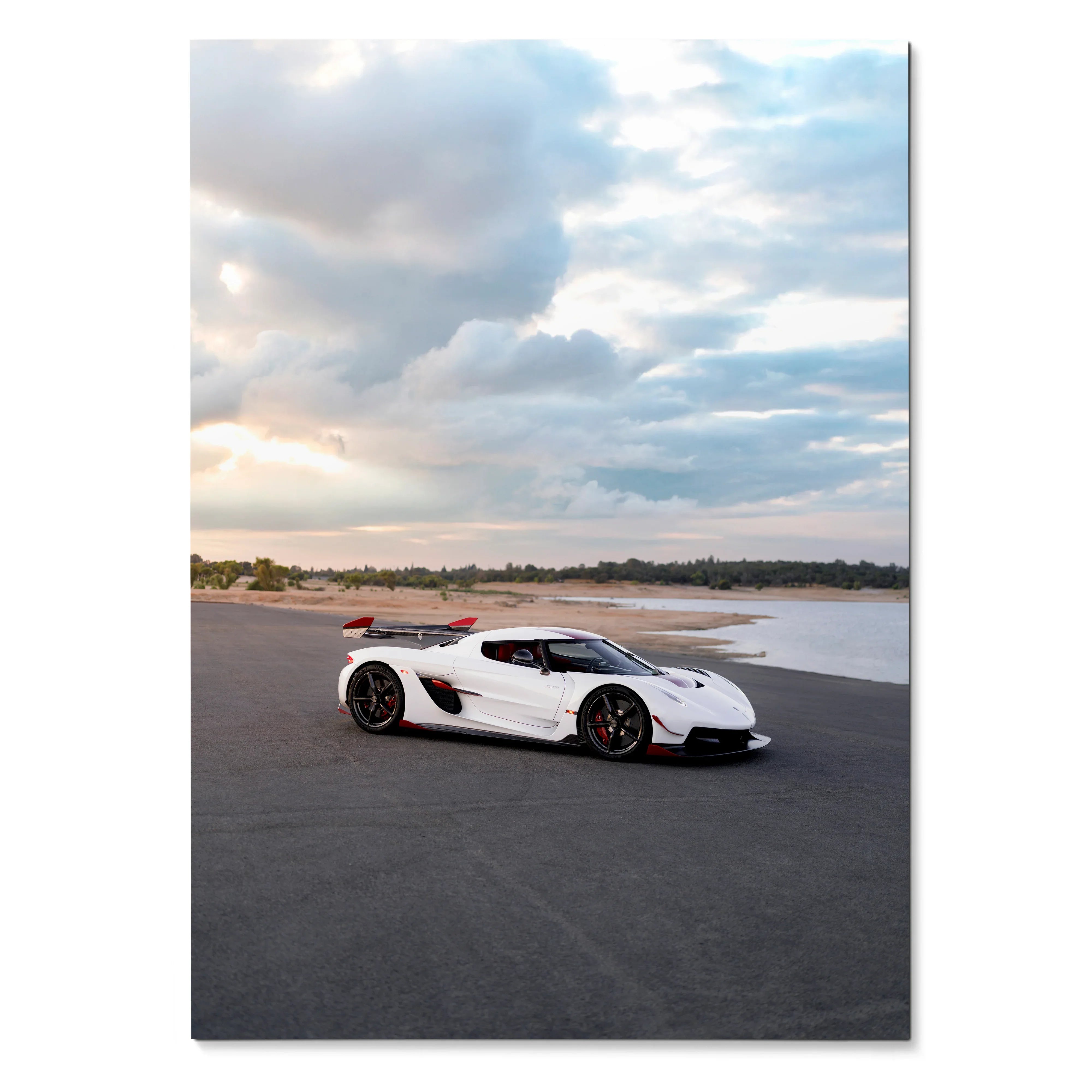 Koenigsegg Jesko sports car on asphalt with cloudy sky poster wall art.