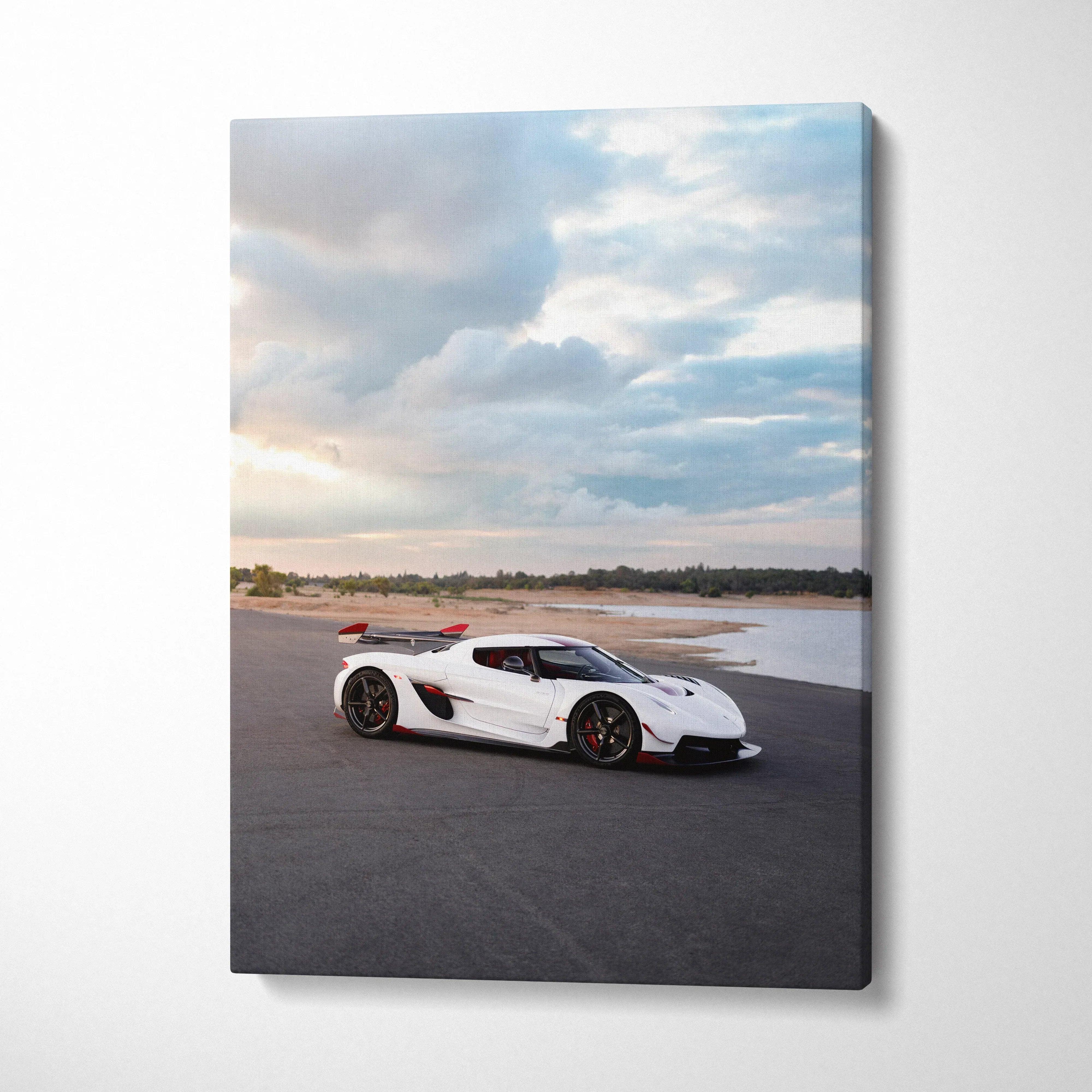 White Koenigsegg Jesko sports car on road under dramatic sky, vertical canvas wall art.