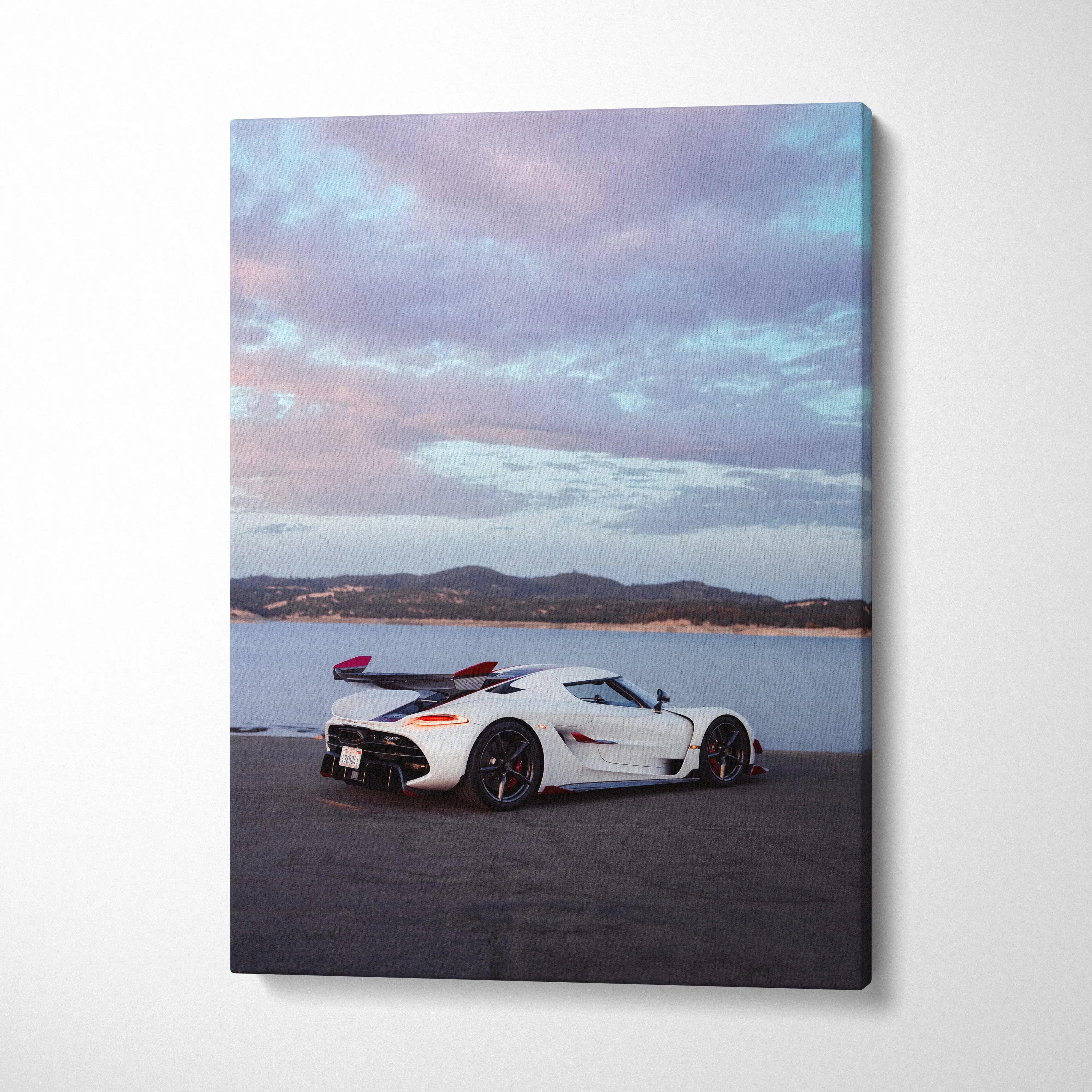 Koenigsegg Jesko white sports car against scenic lake and sky on vertical canvas wall art.