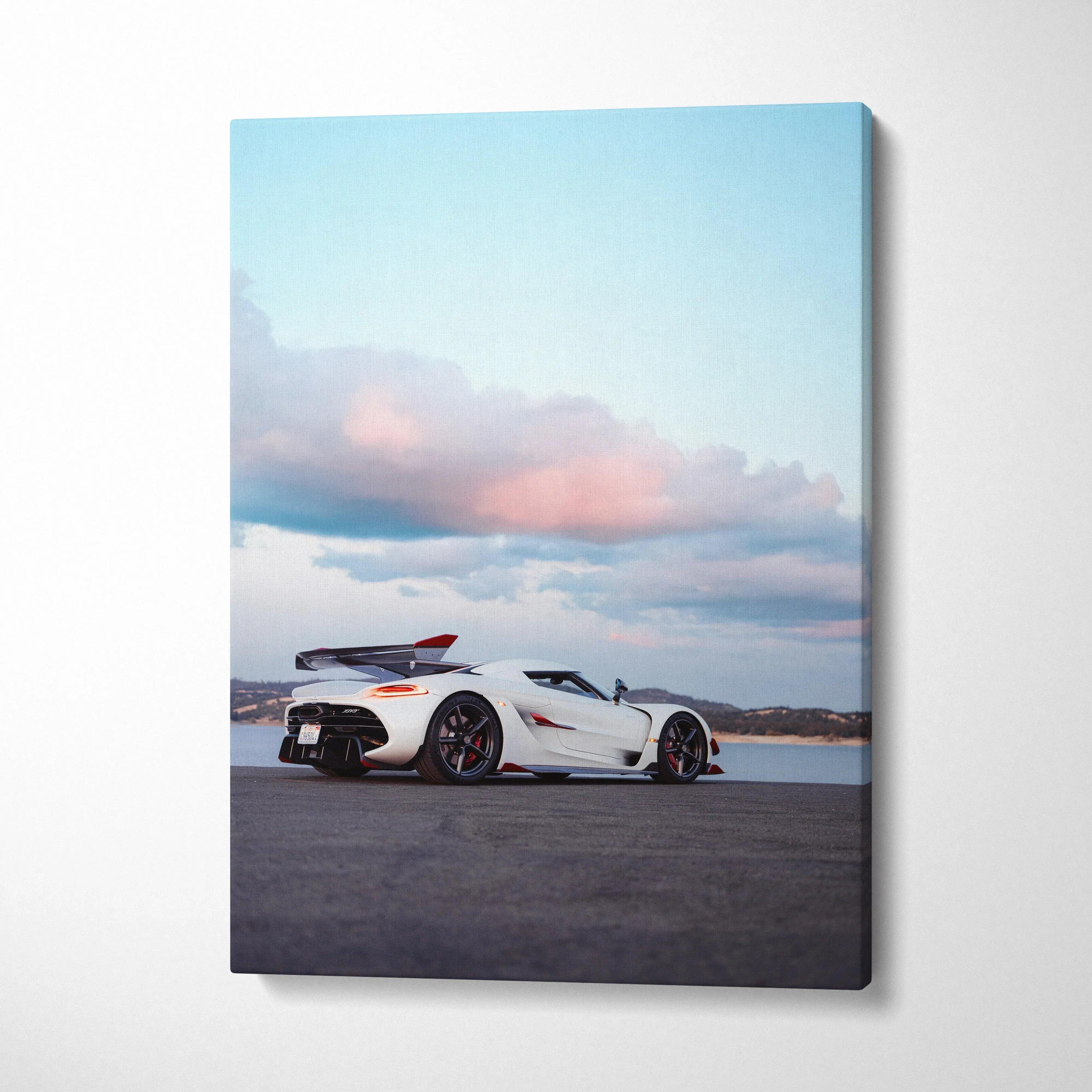 Vertical canvas wall art of a white Koenigsegg Jesko sports car under a soft pastel sky.