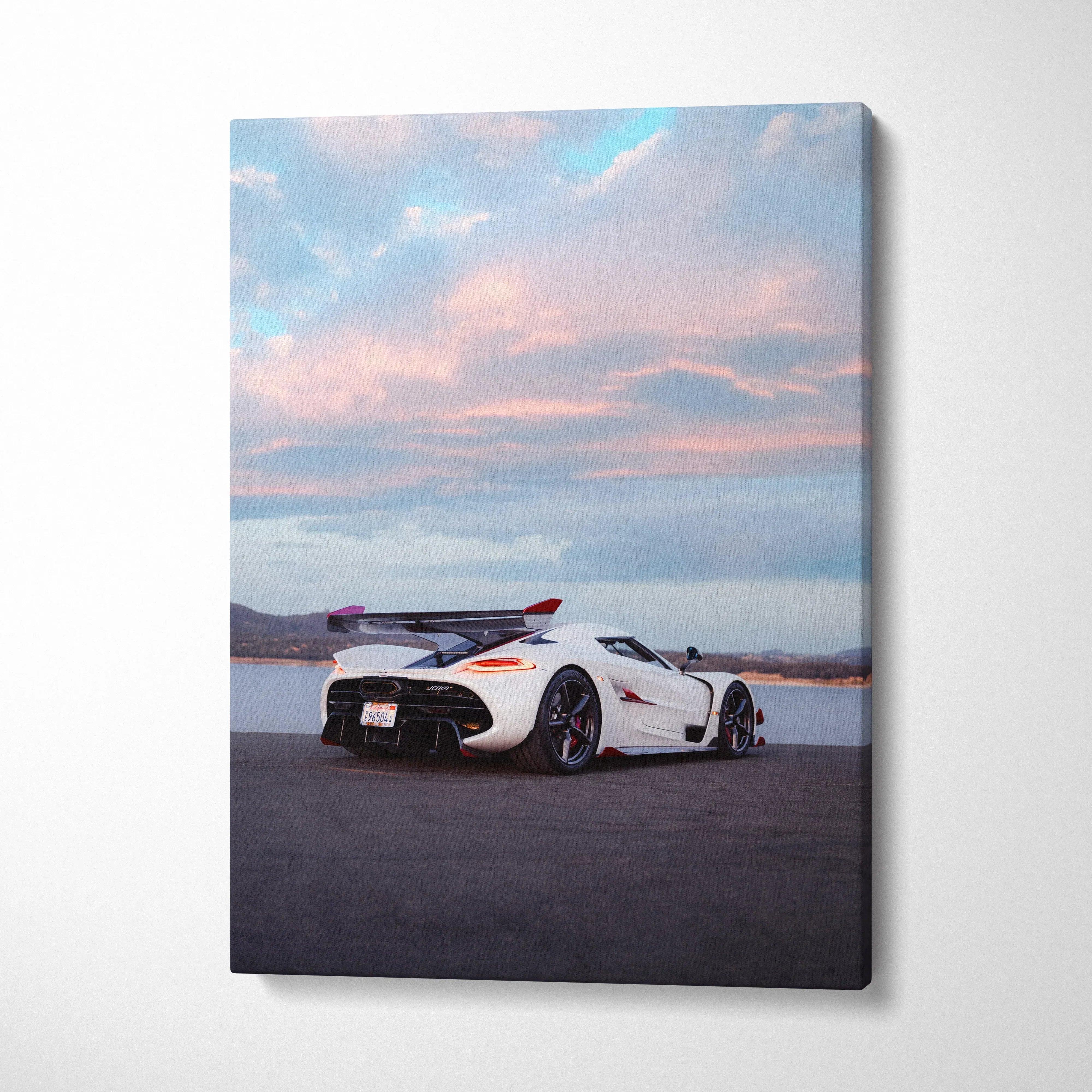 Koenigsegg Jesko white sports car against a colorful sunset sky canvas wall art.