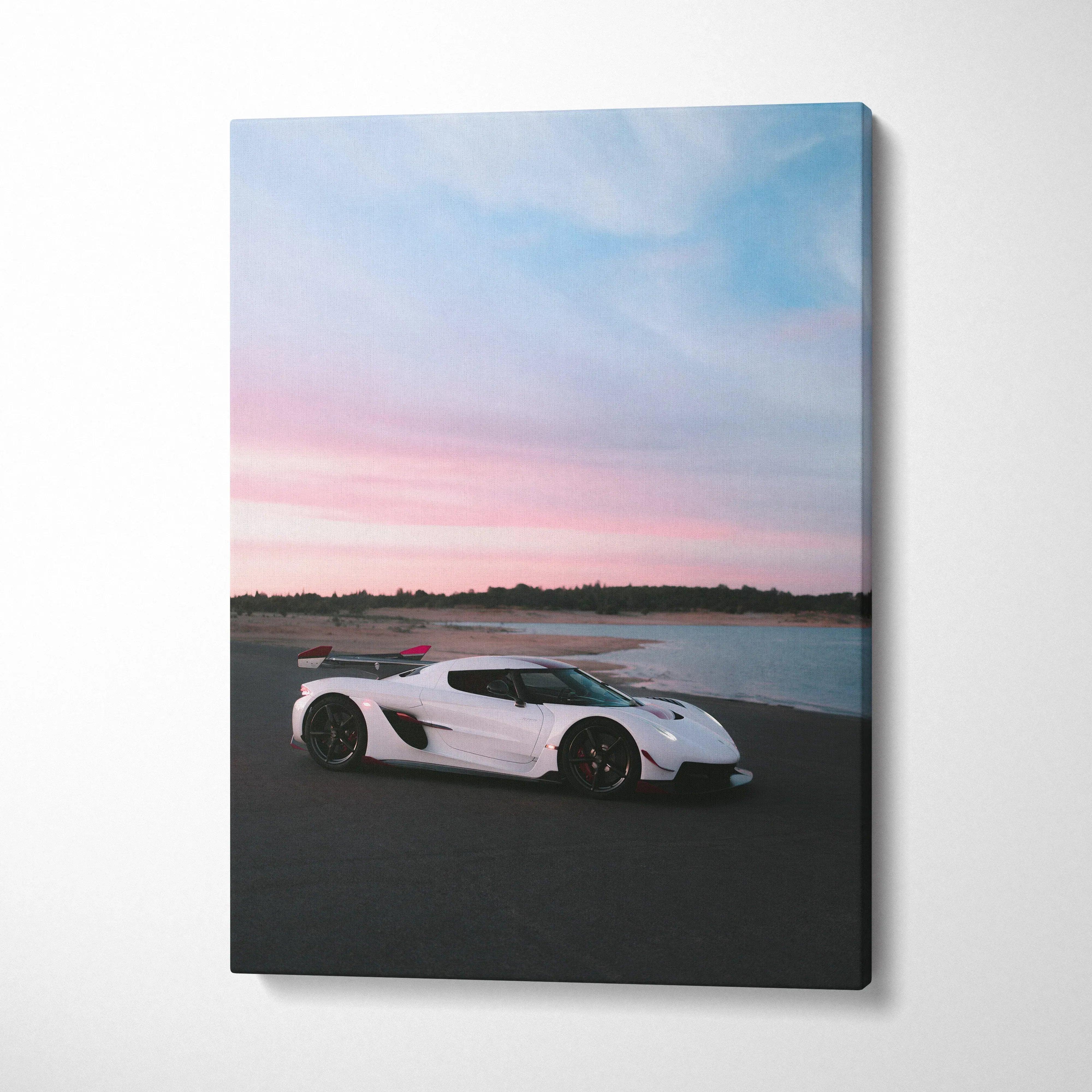 Koenigsegg Jesko supercar parked by water at sunset printed on vertical canvas wall art.