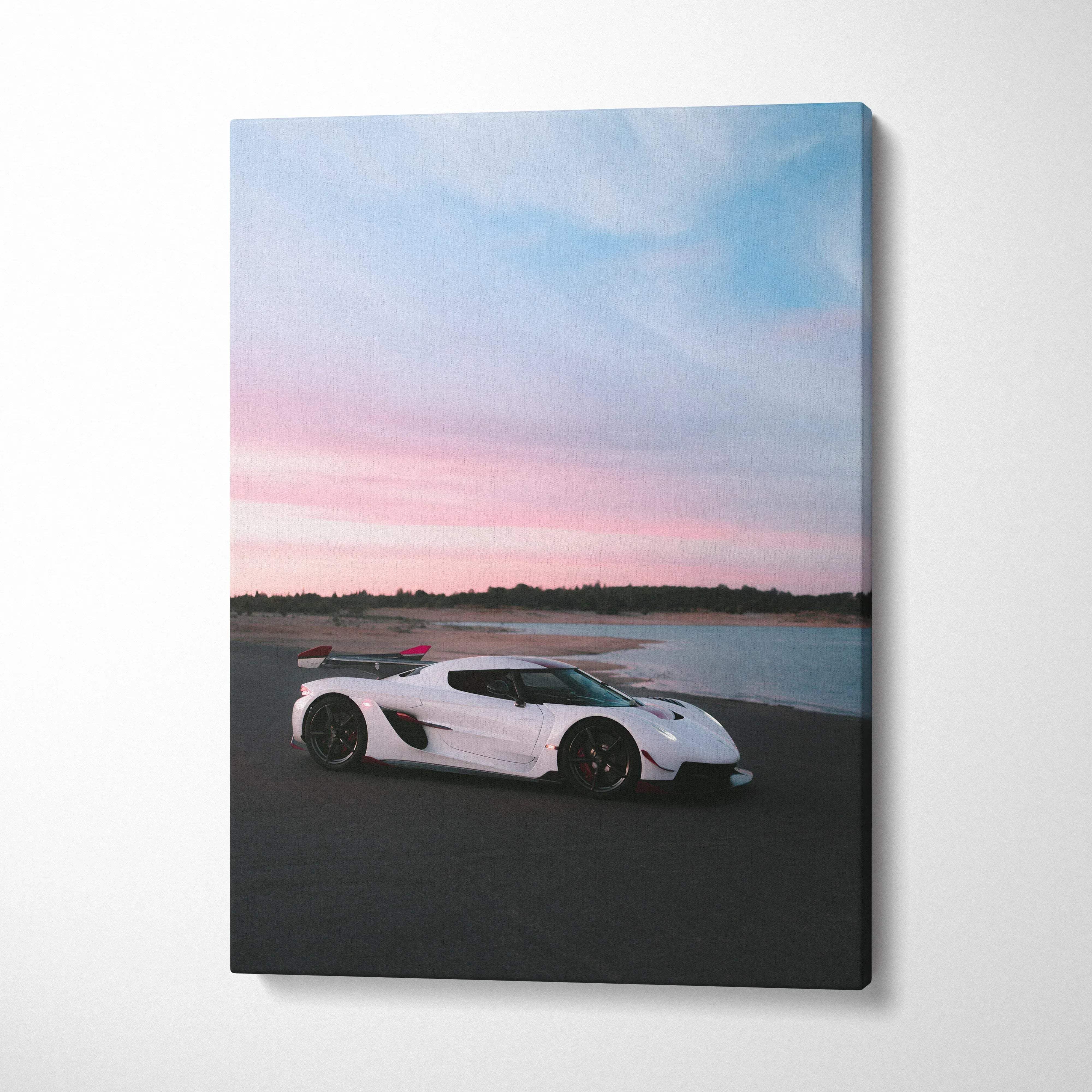 Koenigsegg Jesko supercar parked by water at sunset printed on vertical canvas wall art.