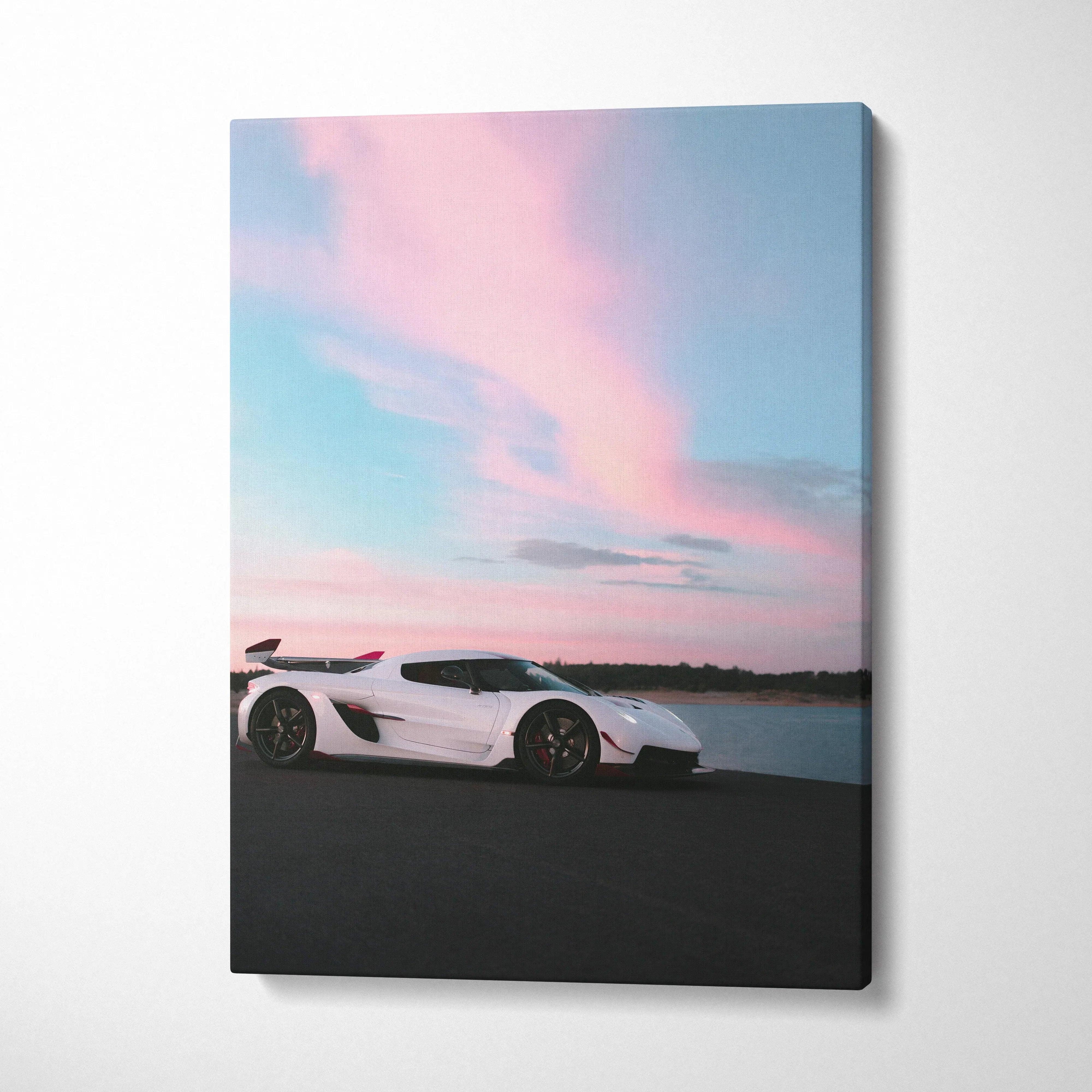 Koenigsegg Jesko sports car under pink and blue sky on vertical canvas wall art.