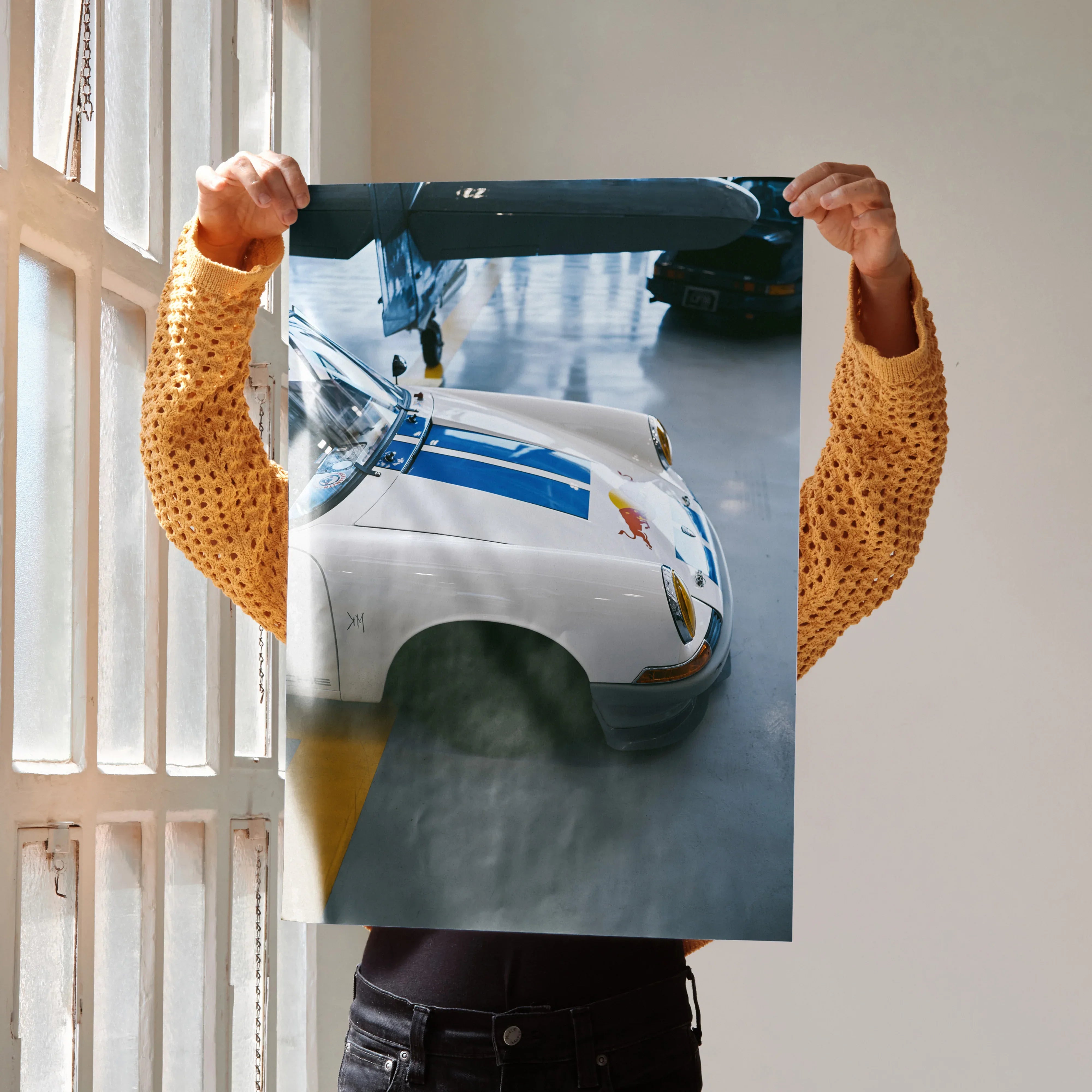 Porsche 911 classic car close-up poster showing front fender and blue racing stripes wall art.