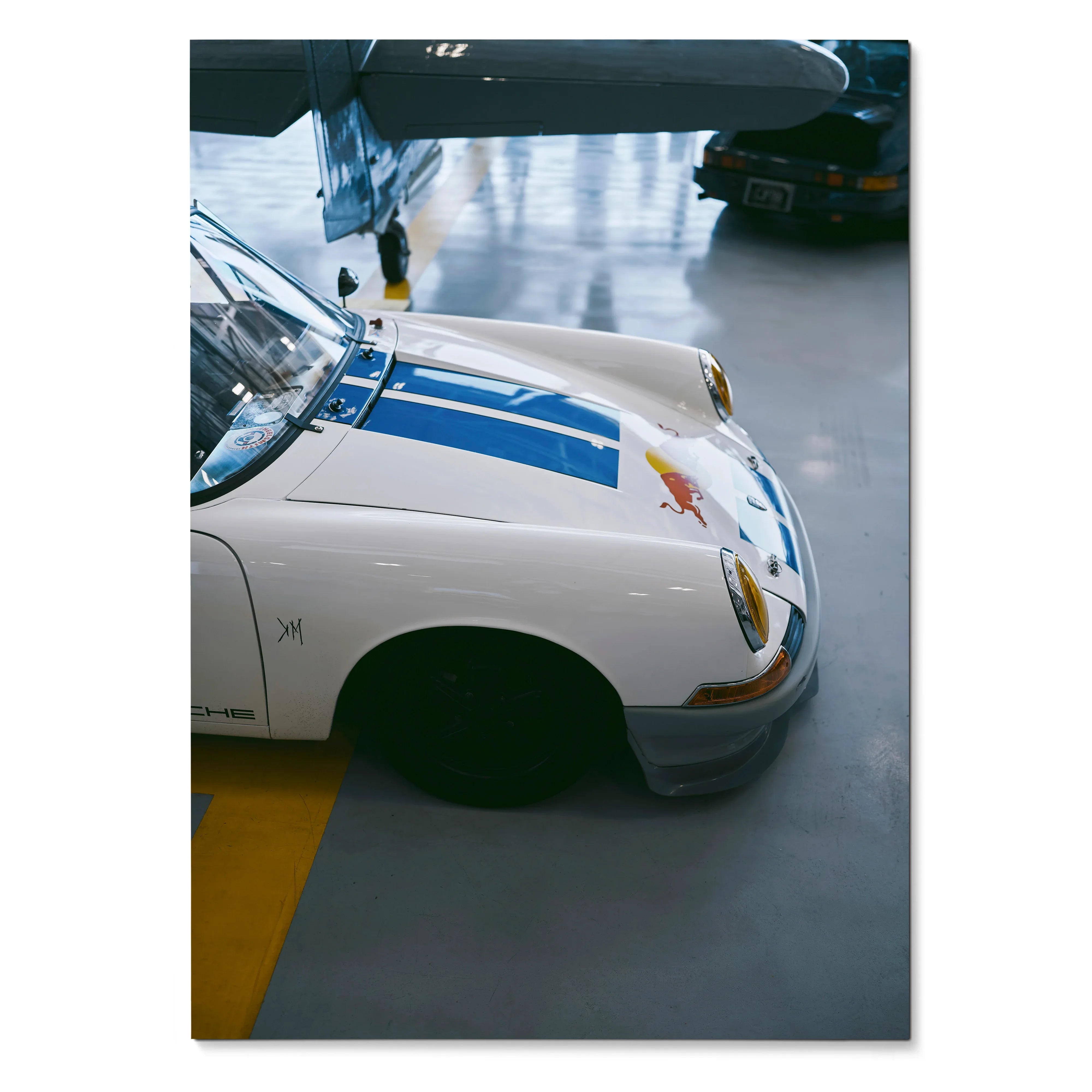 Porsche 911 classic car close-up poster with blue stripes, sleek white body wall art.