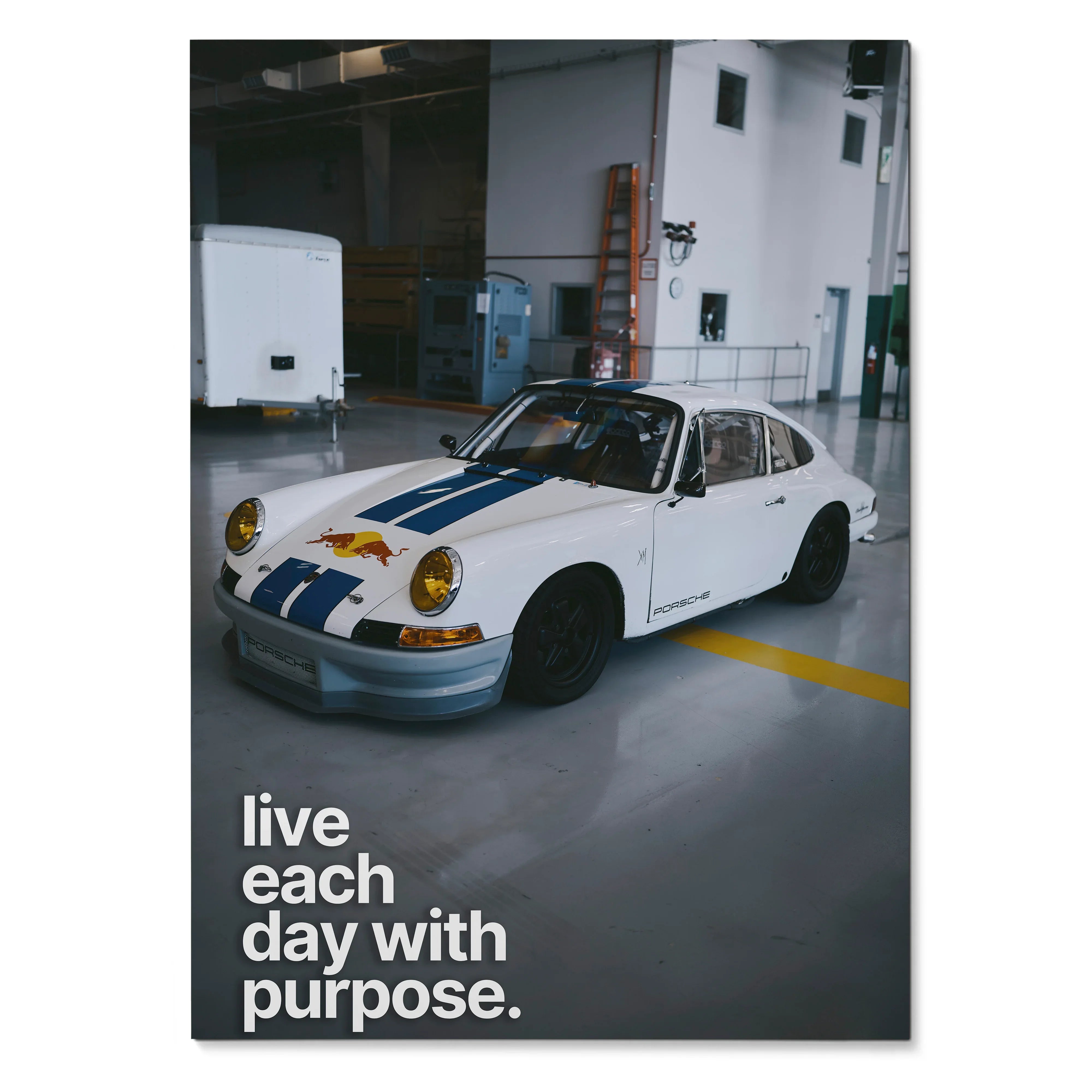 Motivational poster featuring a white Porsche 911 Classic with blue racing stripes and "Live each day with purpose" text,.