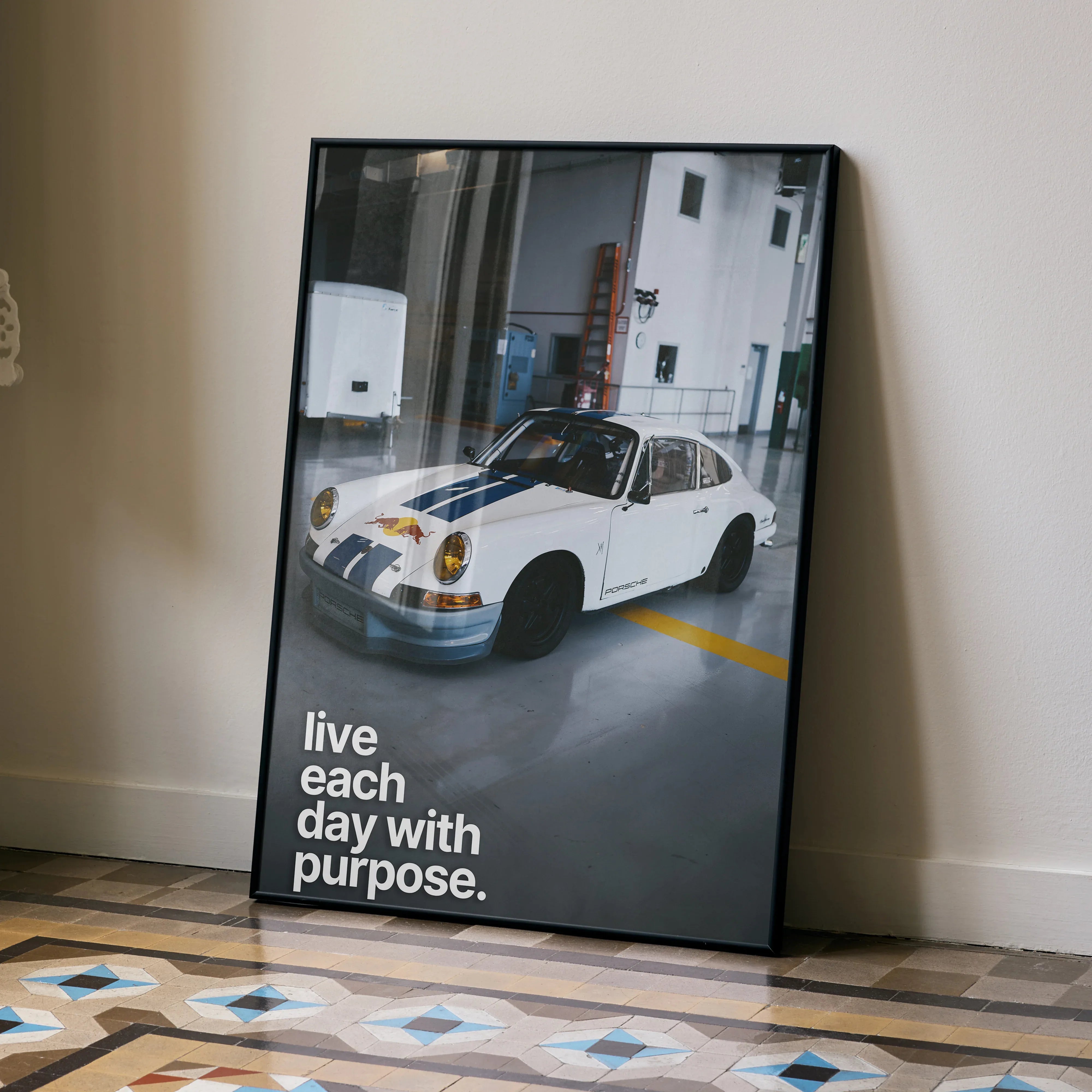 Motivational poster wall art featuring white classic Porsche 911 with "live each day with purpose" text.