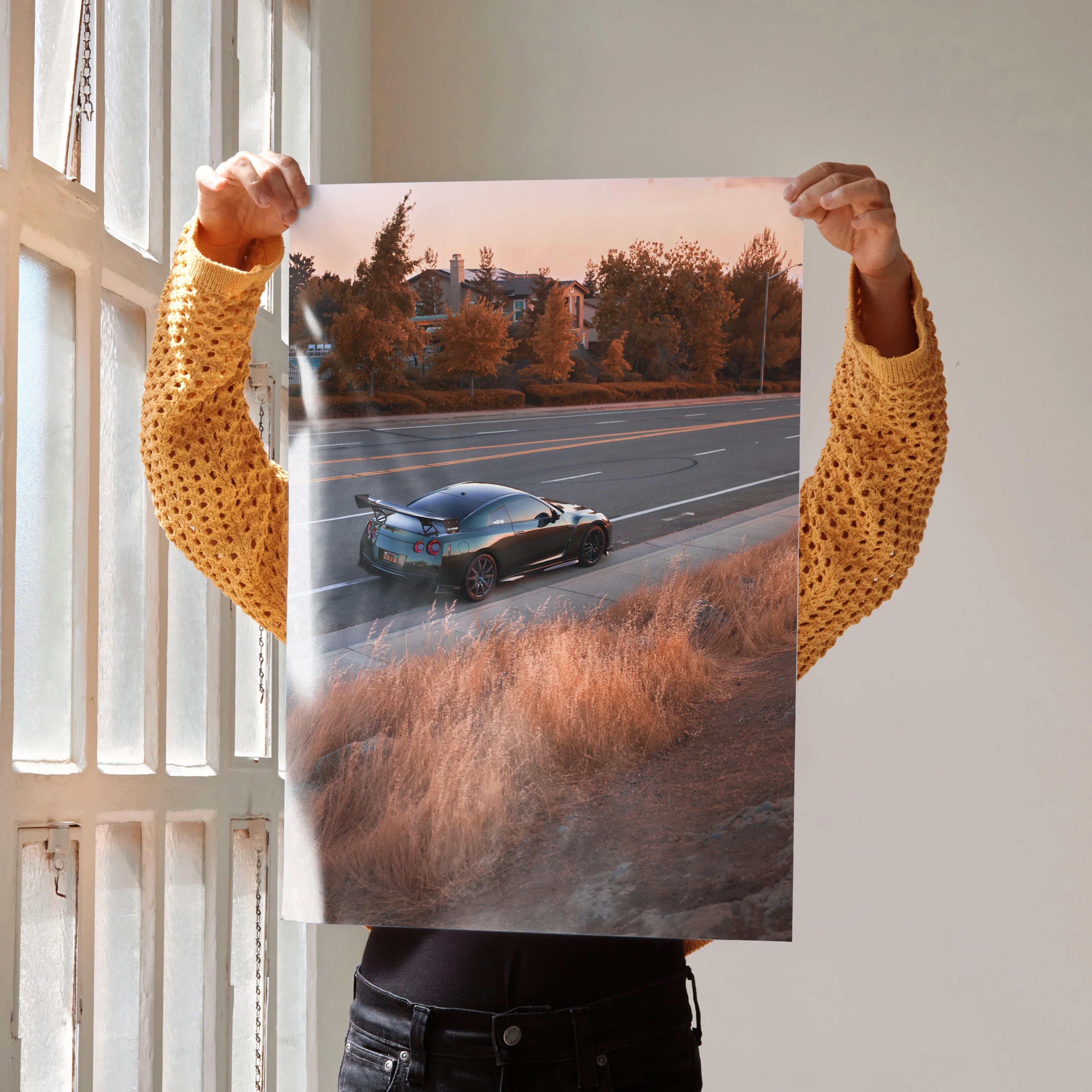 Nissan GTR R35 speeding on highway at sunset automotive poster wall art.