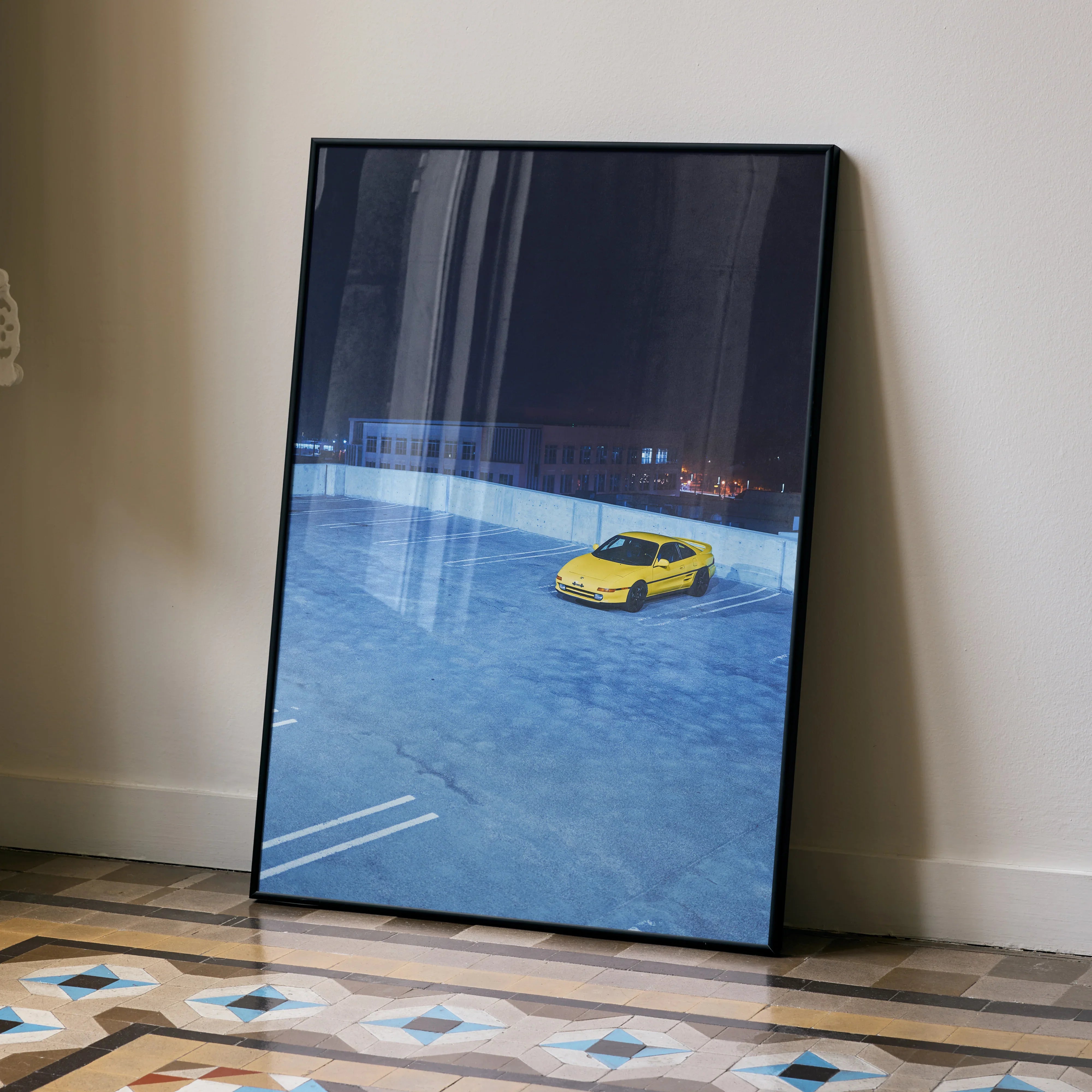 Toyota MR2 yellow car driving on wet race track high-resolution poster wall art.