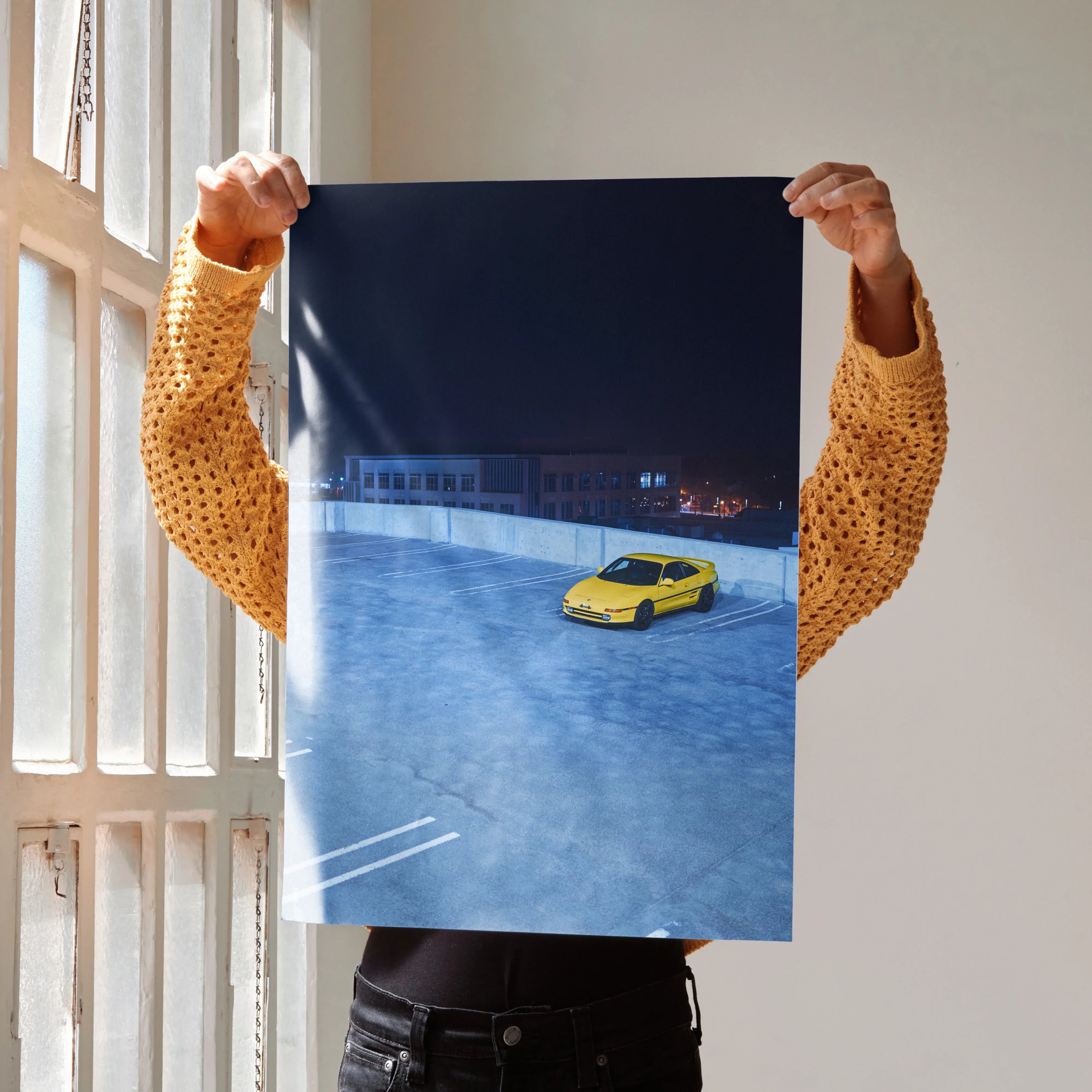 Toyota MR2 yellow sports car on asphalt at night poster wall art.