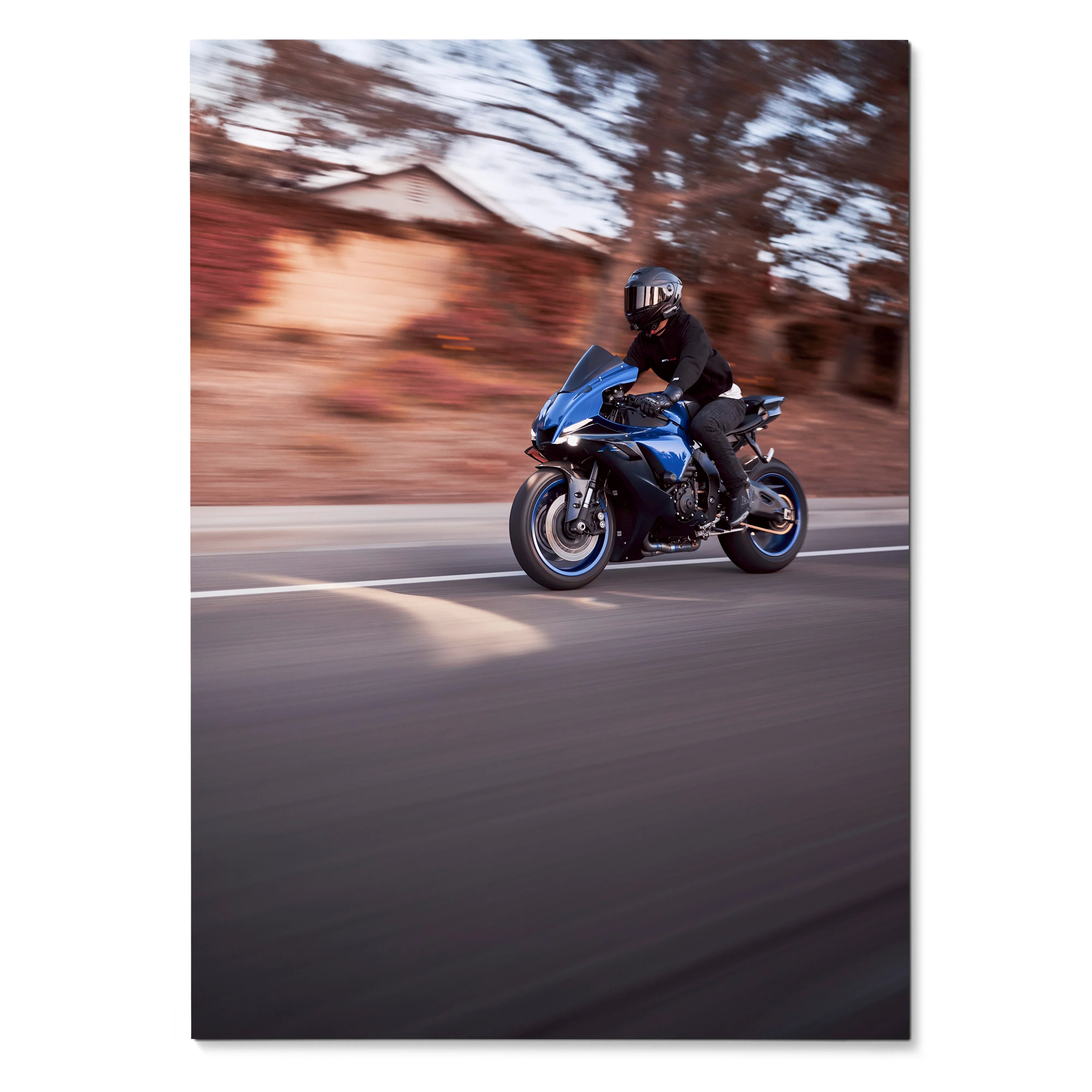 Yamaha R1 motorcycle speeding on road with blurred background poster wall art.