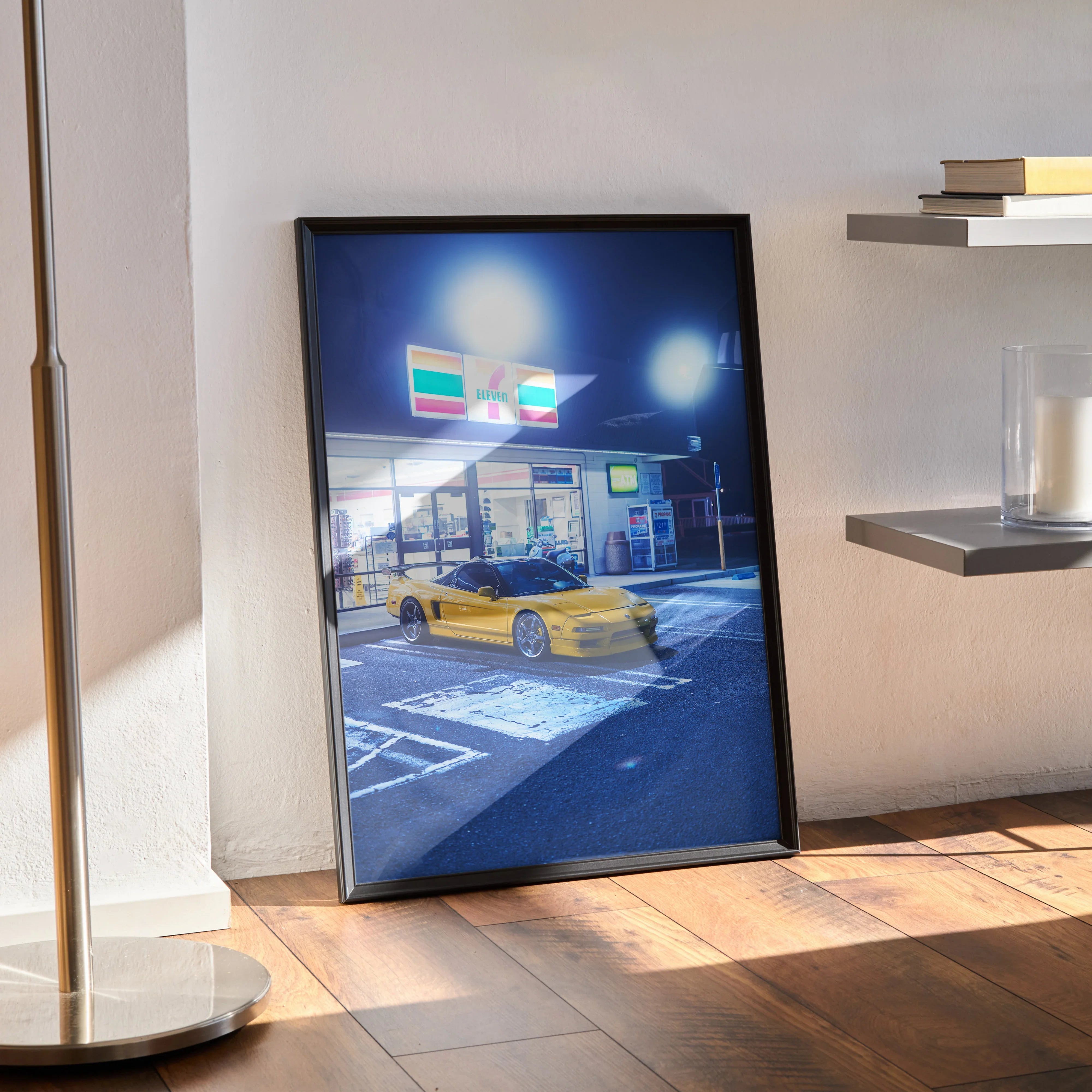 Acura NSX yellow sports car poster with sleek night urban background wall art in black frame.