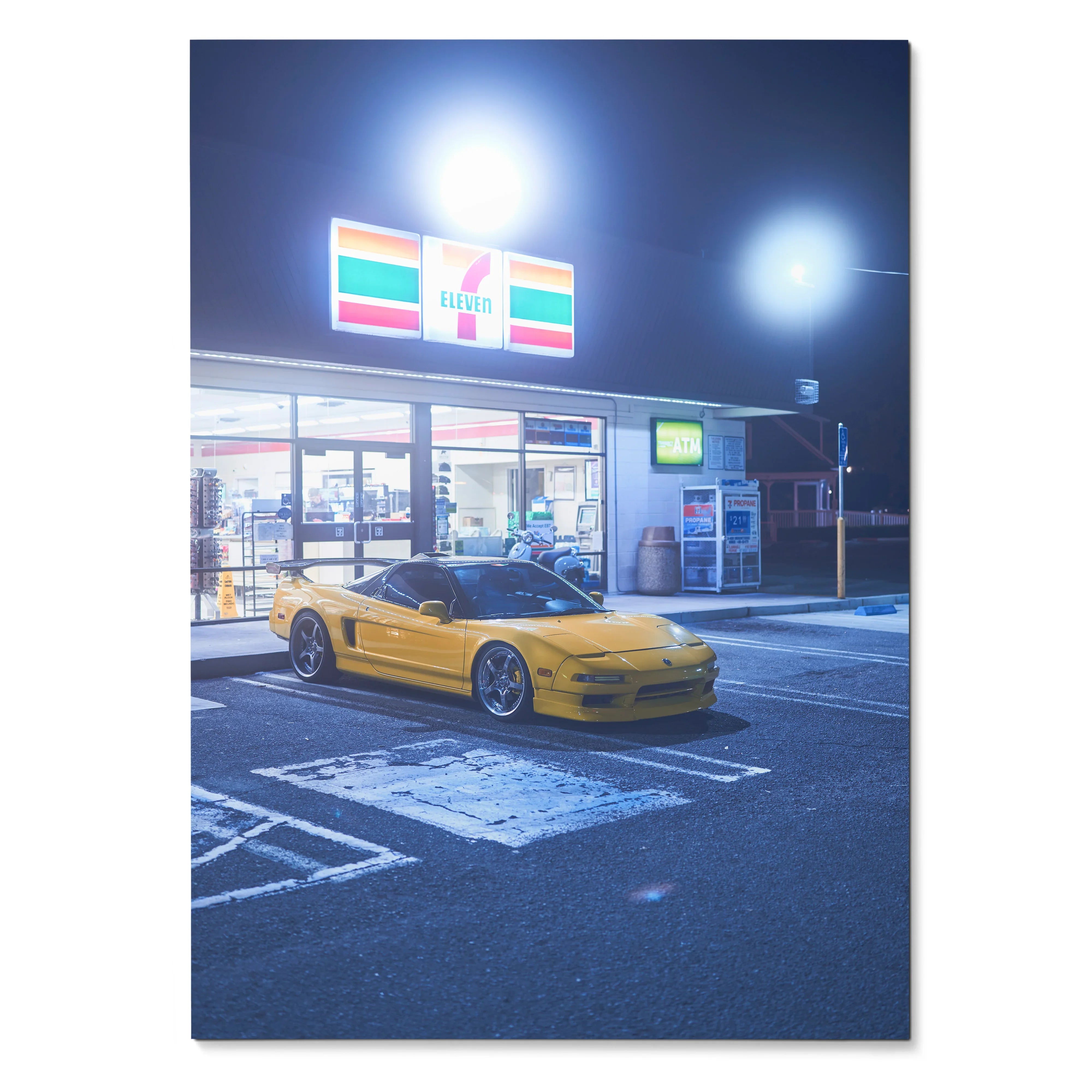Yellow Acura NSX parked outside convenience store at night poster wall art.