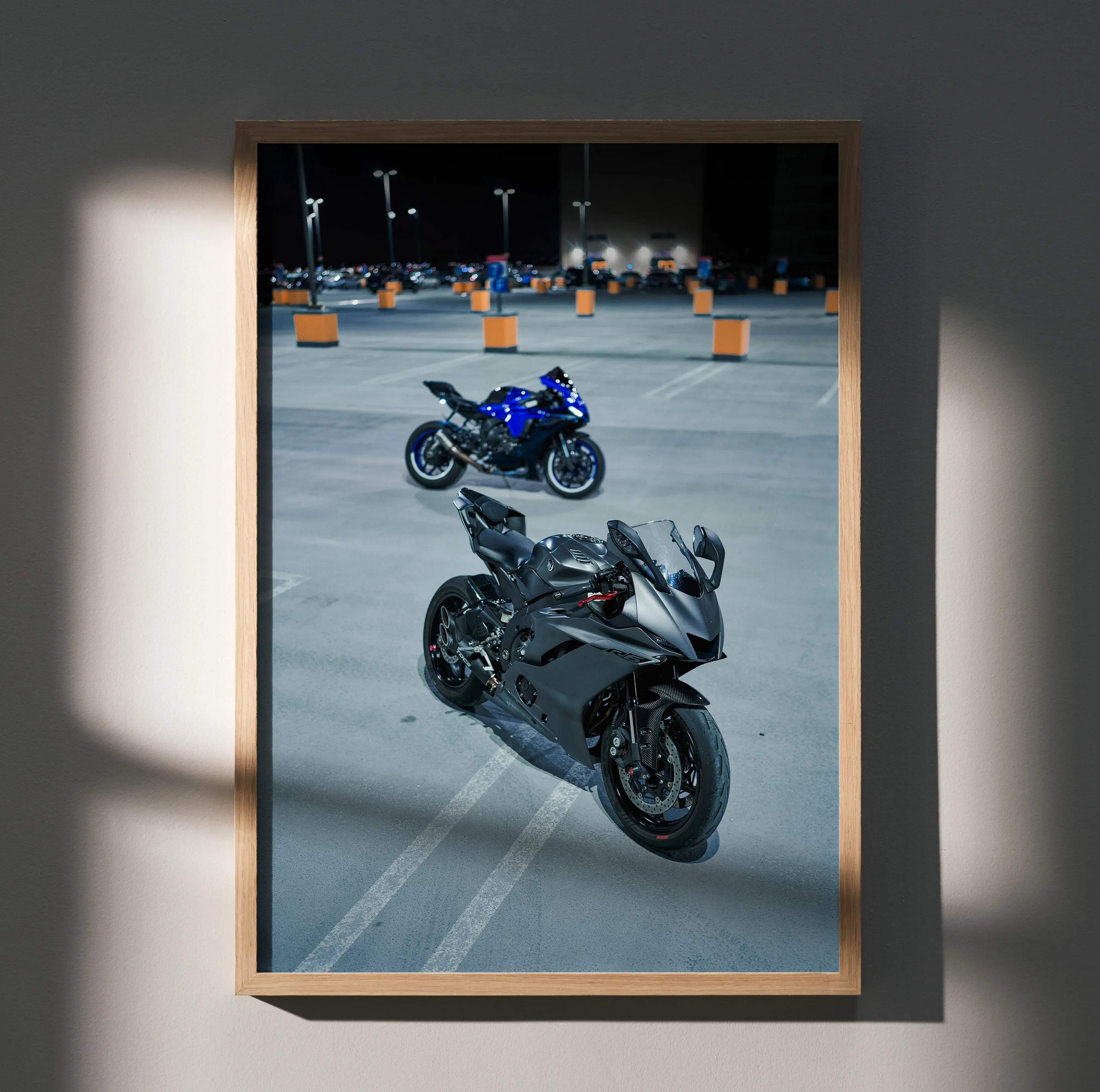 Framed photograph art print featuring matte black and vibrant blue yamaha r1 and r6 sport motorcycles for bike decor