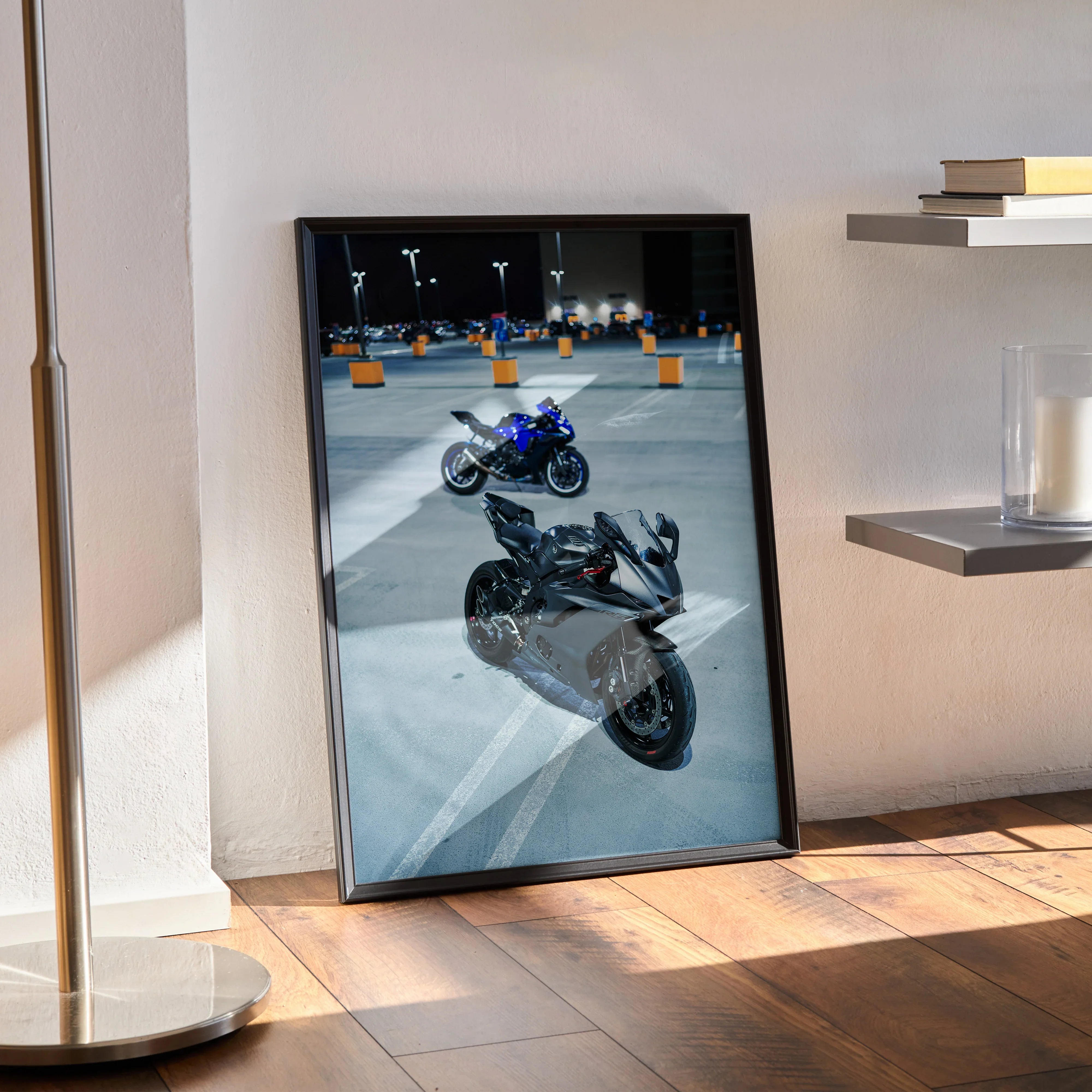Yamaha R1 motorcycle wall art poster with bold blue and black bike on reflective floor.
