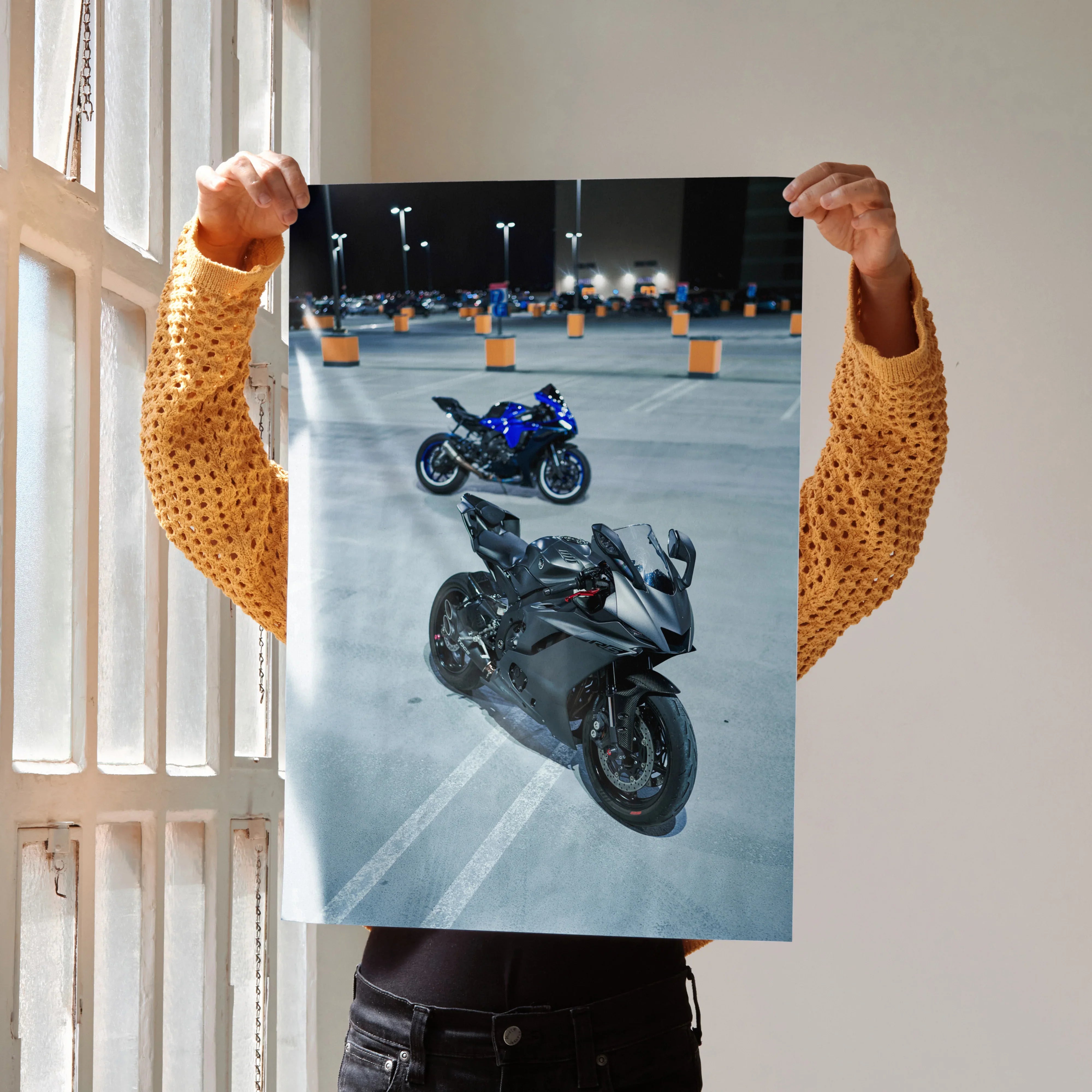 Poster of Yamaha R1 and R6 motorcycles in a parking lot, sleek blue and black sportbike wall art.