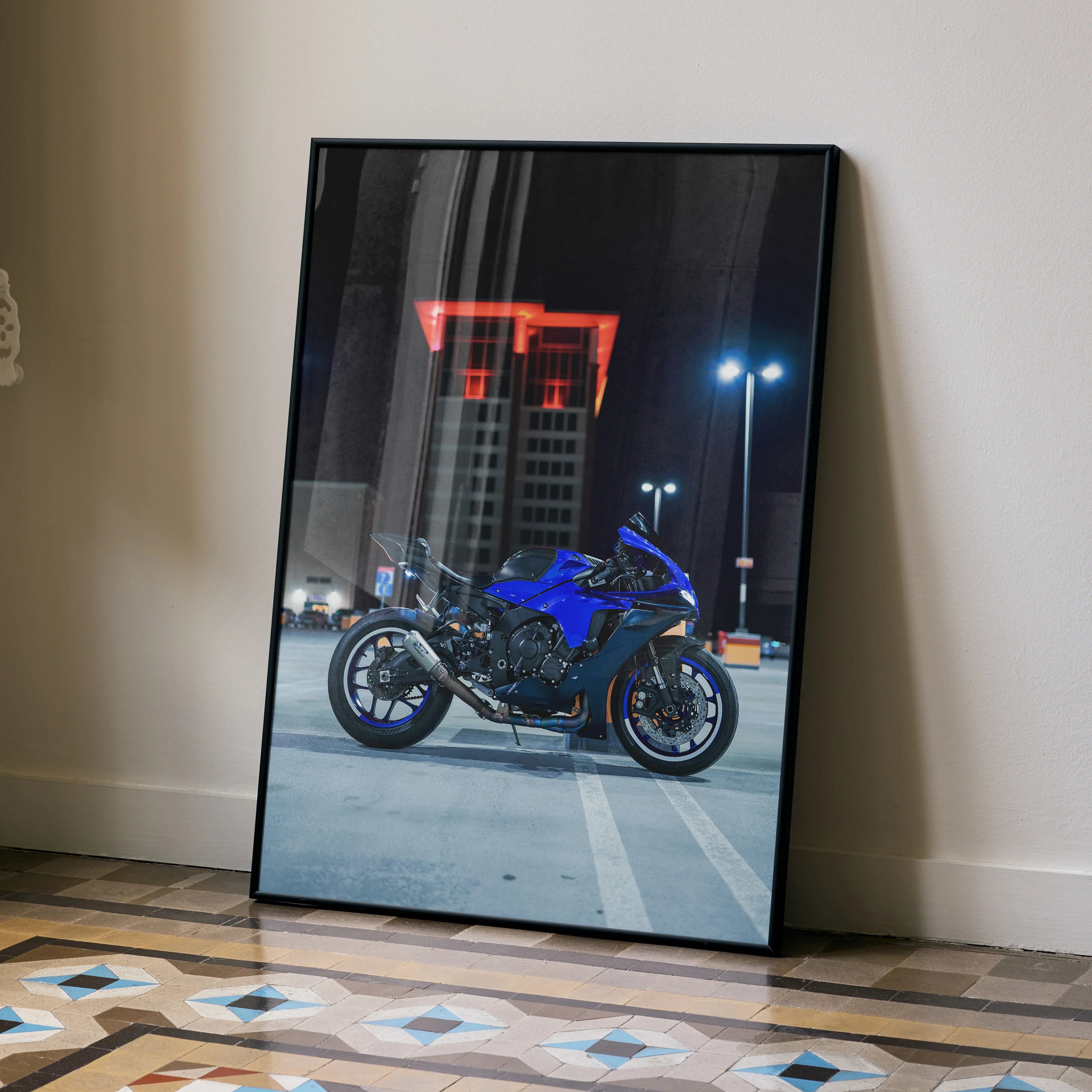 Yamaha R1 motorcycle night city scene poster leaning on wall high-quality wall art.