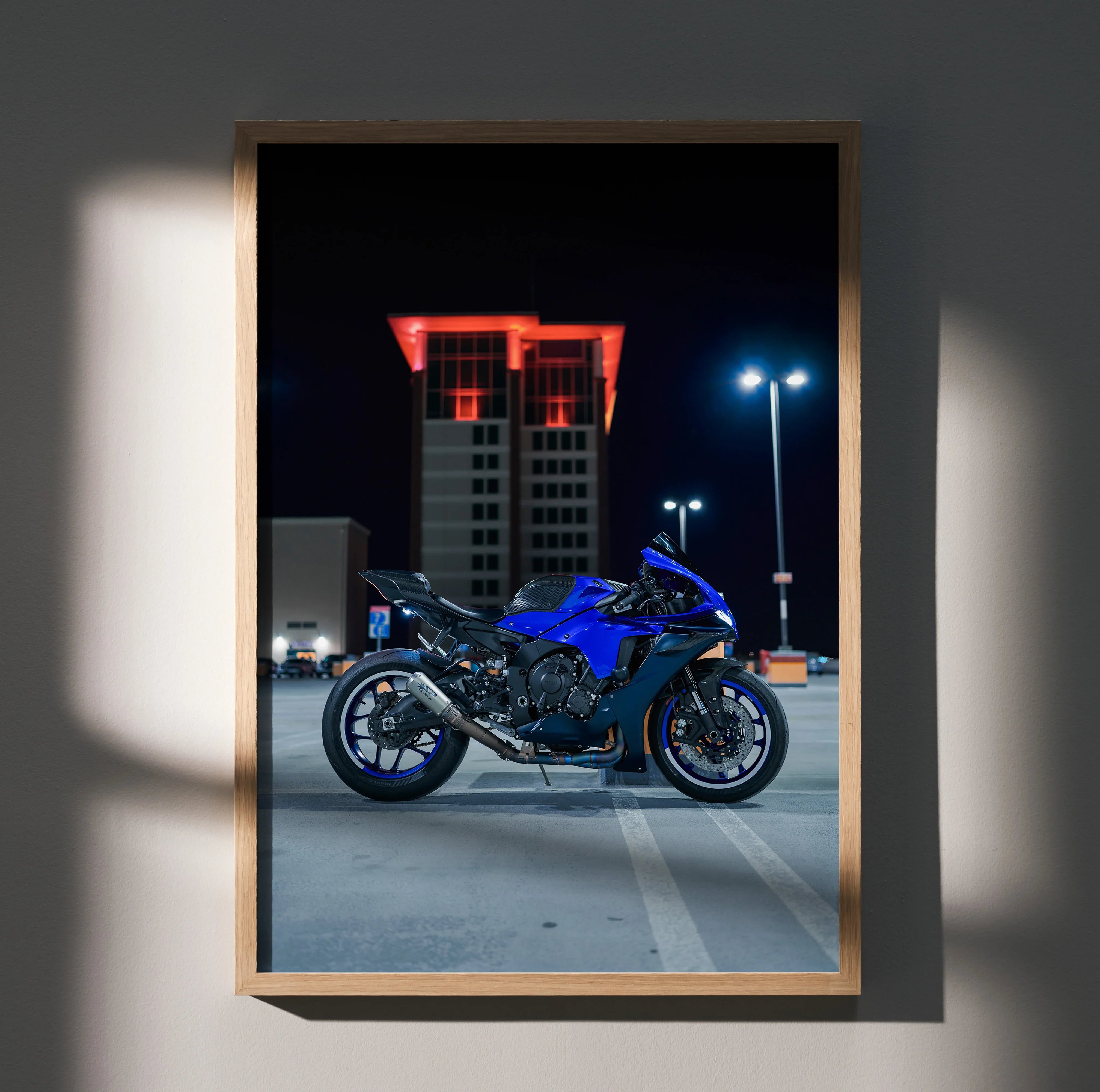 Yamaha R1 motorcycle poster in vibrant blue, modern street night scene wall art.