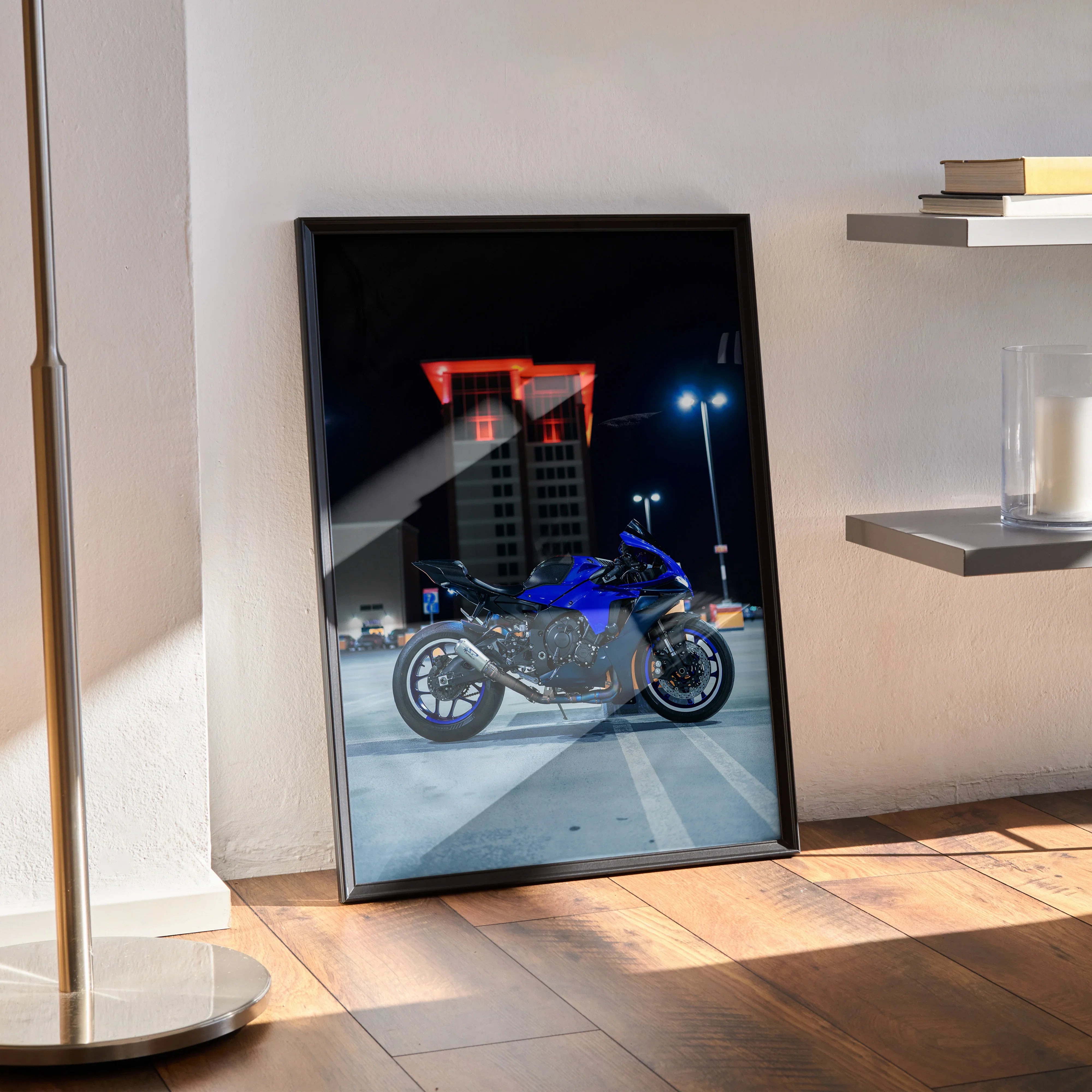 Yamaha R1 motorcycle poster featuring blue bike against night city backdrop, high-quality wall art.