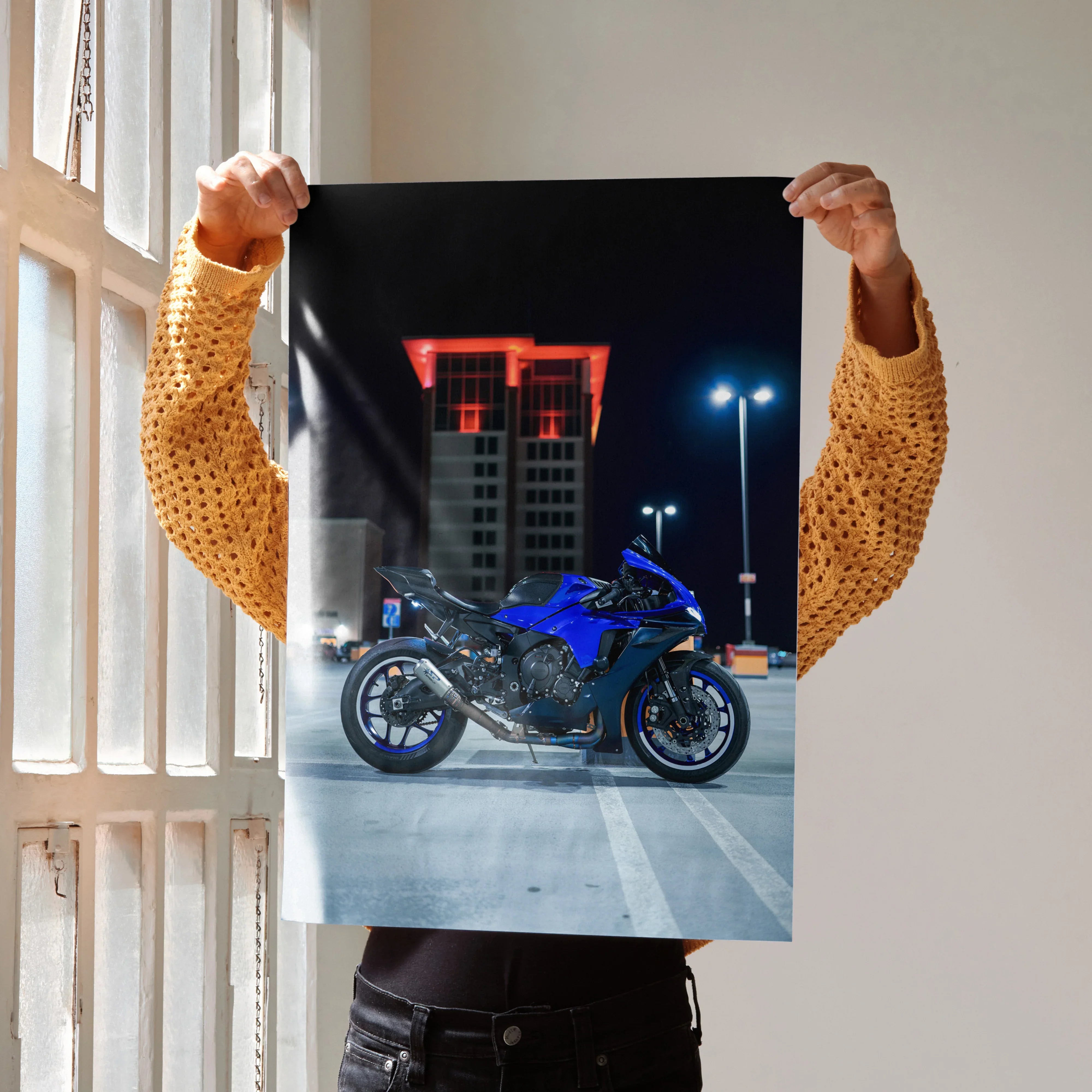 Yamaha R1 motorcycle poster with blue bike and urban night background wall art.