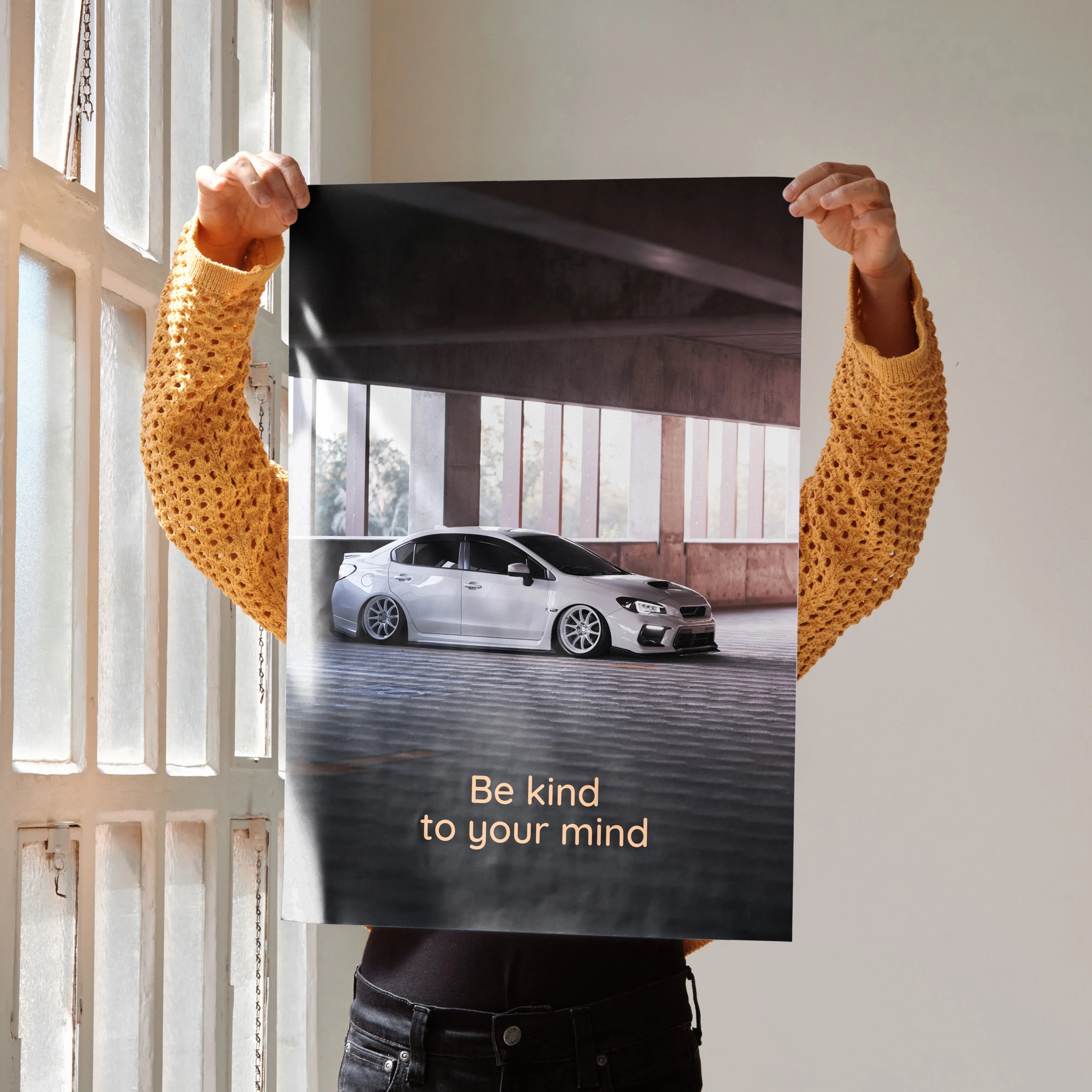 Poster featuring a silver Subaru WRX under a bridge with white motivational text "Be kind to your mind" wall art.