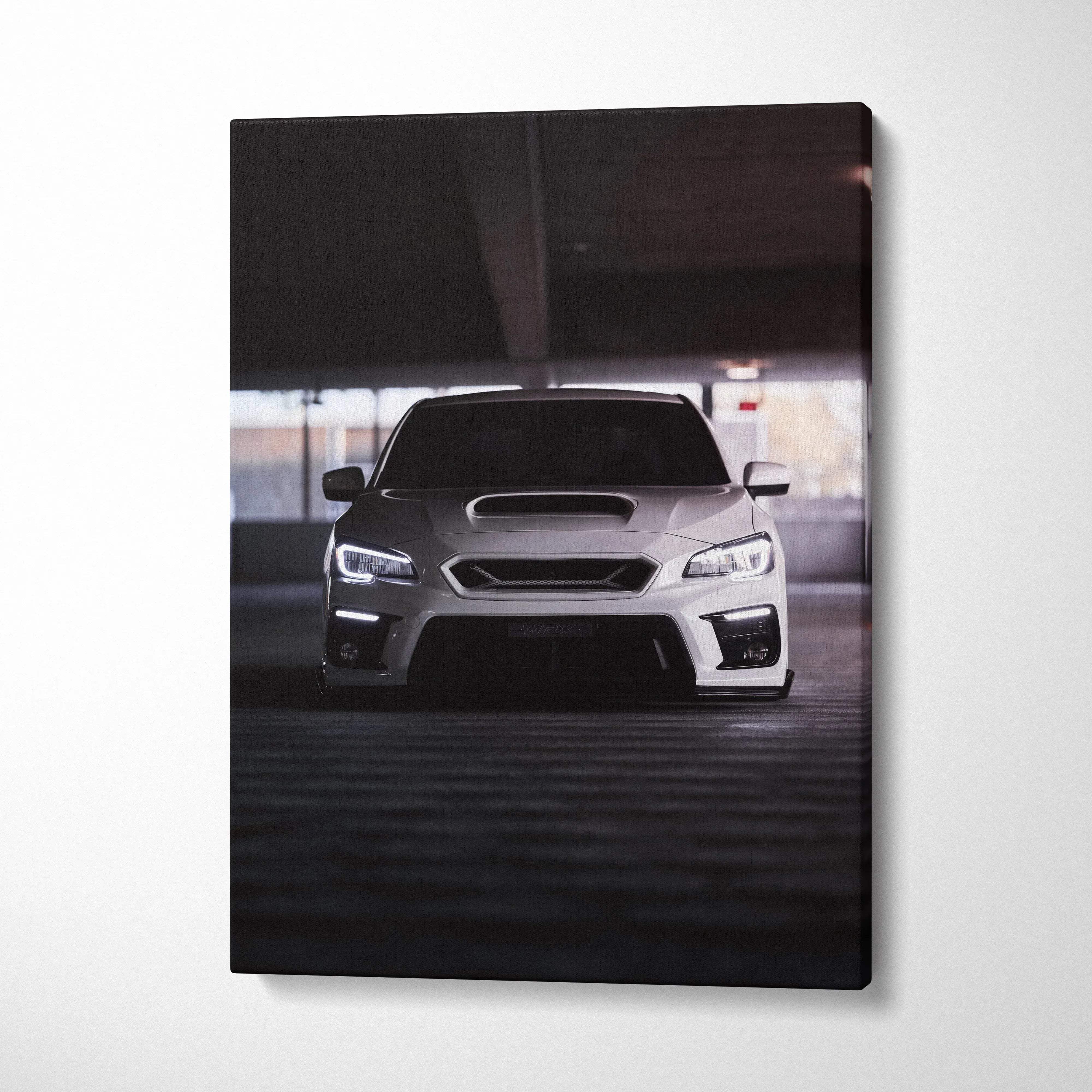 Subaru WRX front view on vertical canvas wall art with dark tones and sharp details.